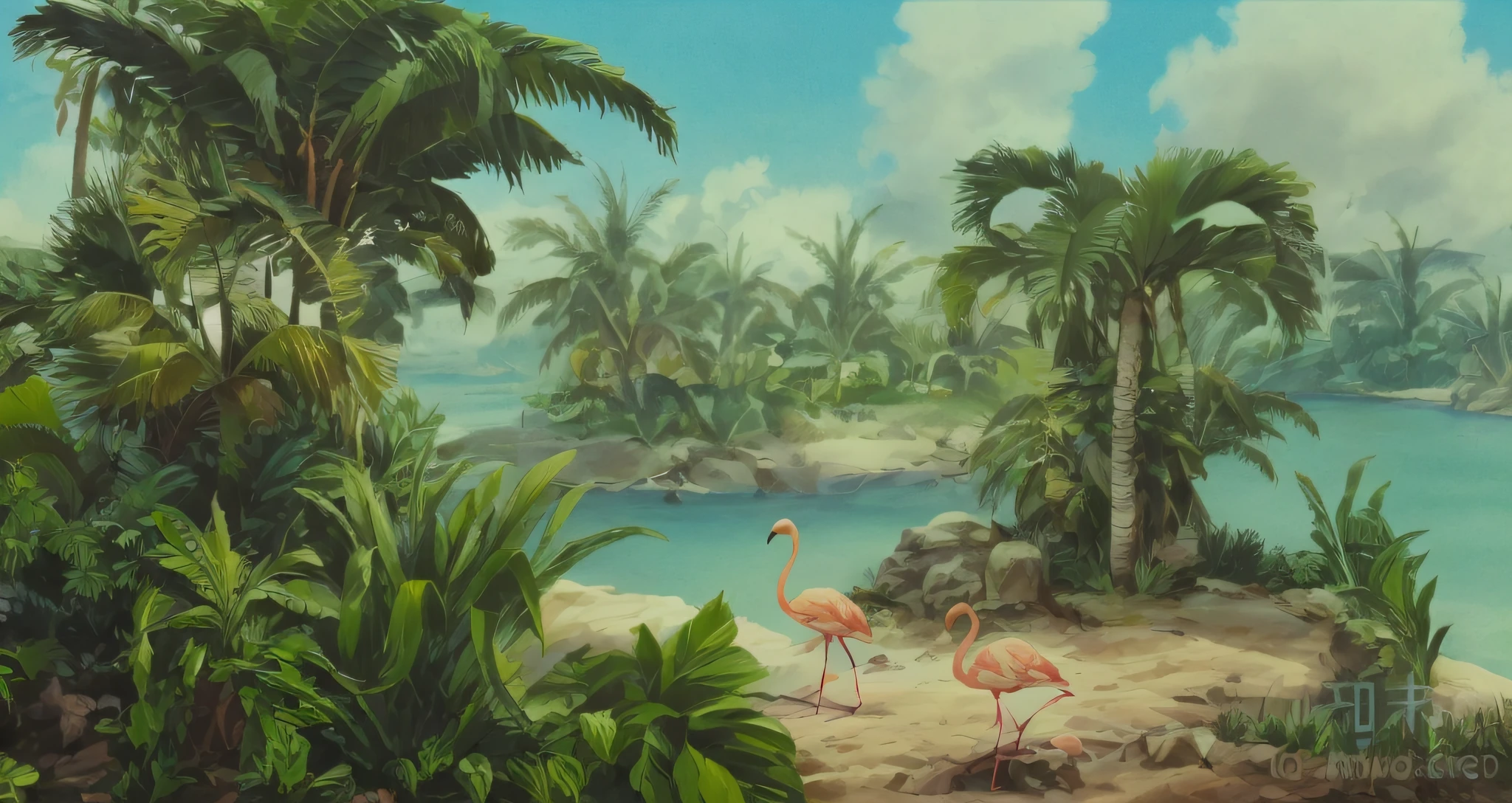 Close up is flamingo painting with palm trees in tropical environment, tropical atmosphere, mysterious jungle painting, lush oasis, vista is tropical island in the ocean, F2 0, blue sky in background --auto --s2