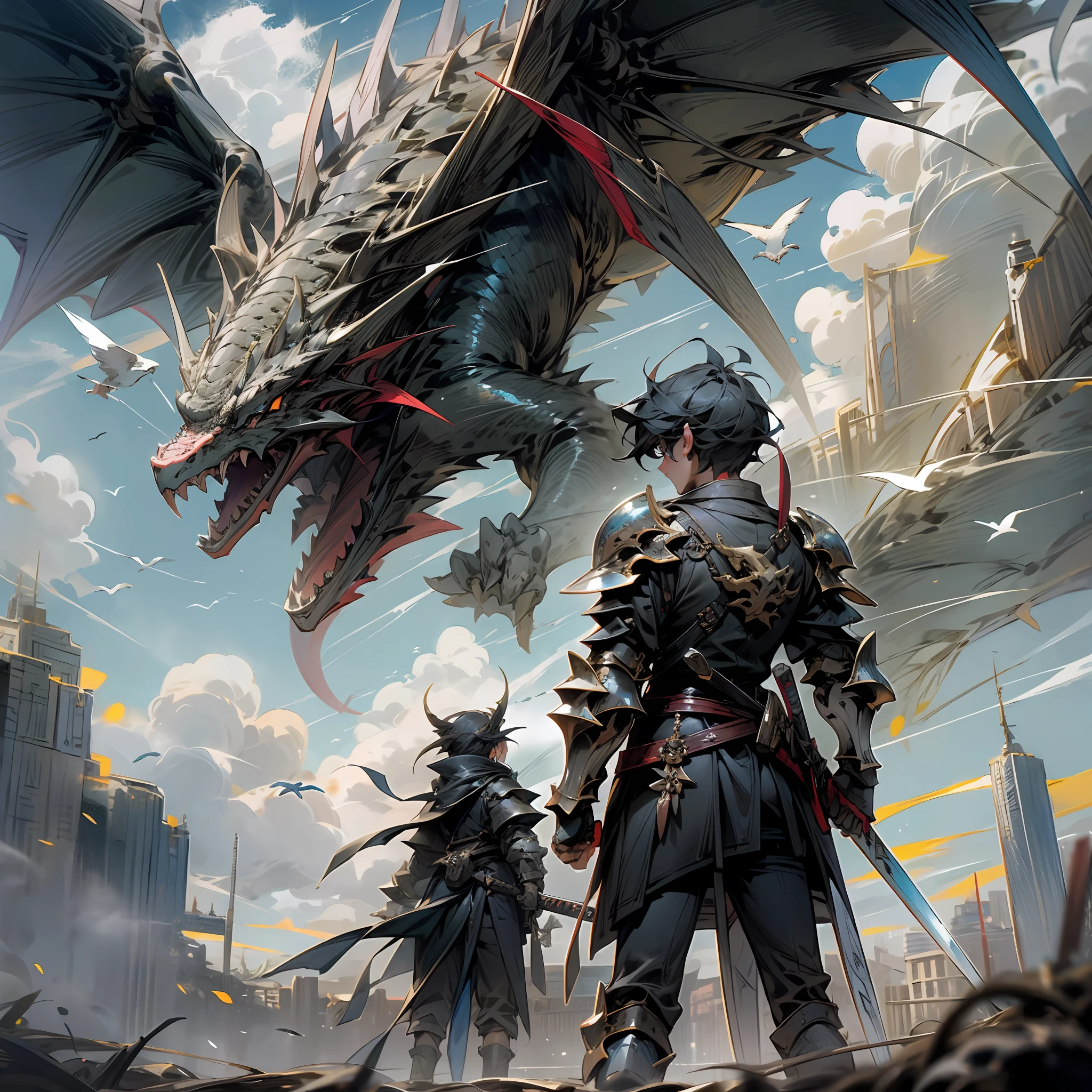girl, letterbox, holding, outdoor, bird, standing, cloud, 1 boy, weapon, from behind, sky, cloudy sky, animal, holding weapon, western dragon, black dragon, monster, 1other,black armor, fog, --auto --s2