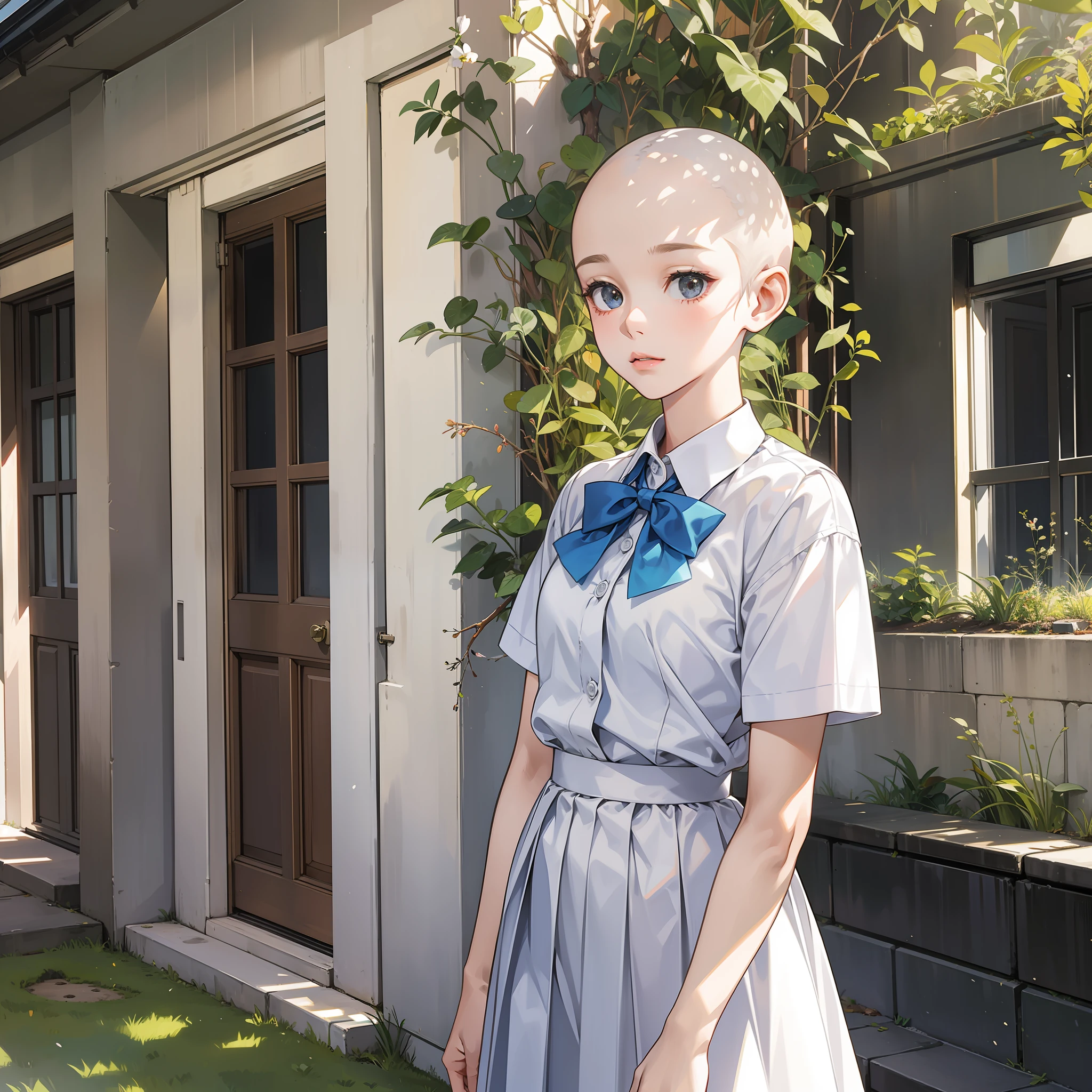 A girl, bald head, white school uniform, bow tie, calm expression, standing on the lawn, downstairs of the school dormitory