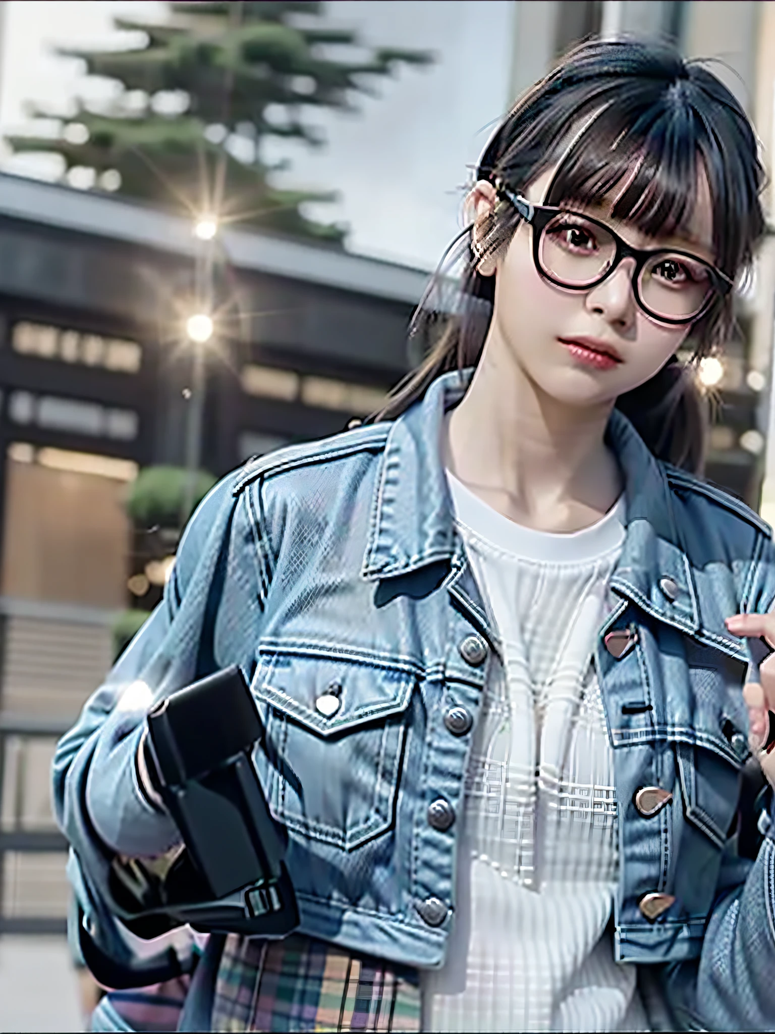 anime girl with glasses and a denim jacket holding a cell phone, urban girl fanart, realistic cute girl painting, realistic artstyle, anime realism style, lofi girl aesthetic, beautiful drawing style, realism artstyle, style anime, artwork in the style of guweiz, lofi girl, with glasses, girl with glasses, lofi artstyle
