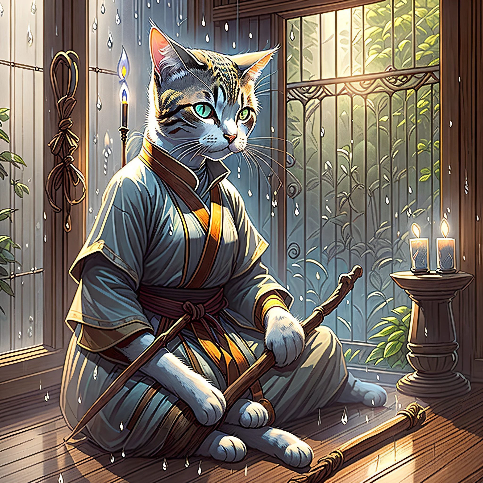 Only a cat (Master Karin) sitting holding a martial arts master's staff next to a candle accesses in the background a glass window showing a lot of rain just outside the window --auto --s2