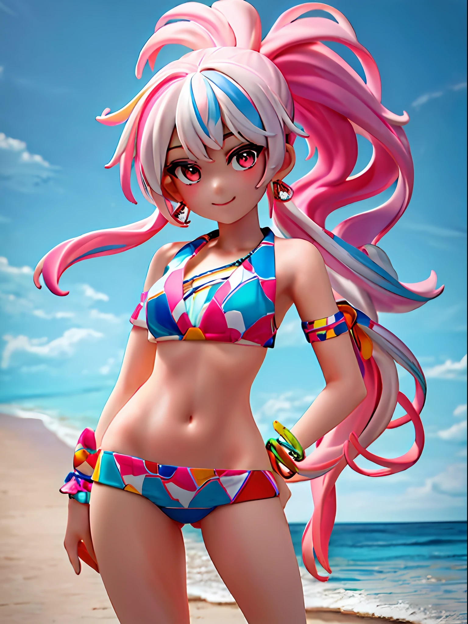 (Masterpiece: 1.5), (Best Quality: 1.5), High Resolution, High Detail, 1 Girl, Solo, Skin Highlight, Sharpen, Clear, straight hair, ponytail, multicolored hair, Jewelry, bracelet, earrings, cowboy shot, pale skin, smile, beach, micro bikini