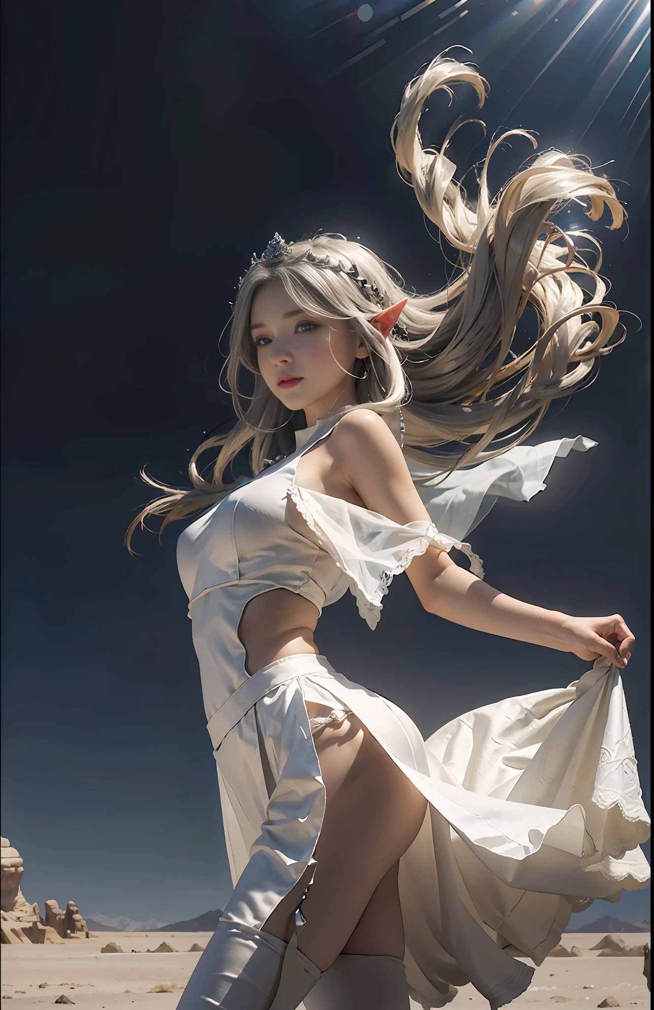 Best picture quality, perfect masterpiece, super high resolution, 1.4x realism, original photo, a girl, cinematic lighting, in the desert, sunny, using the Tyndall effect, elf girl performing dance, , wearing a silver crown, ears as long as elves, silver gradient hair, big blue eyes, extreme light and shadow, wearing a white gauze skirt, a veil on her head fluttering in the wind.