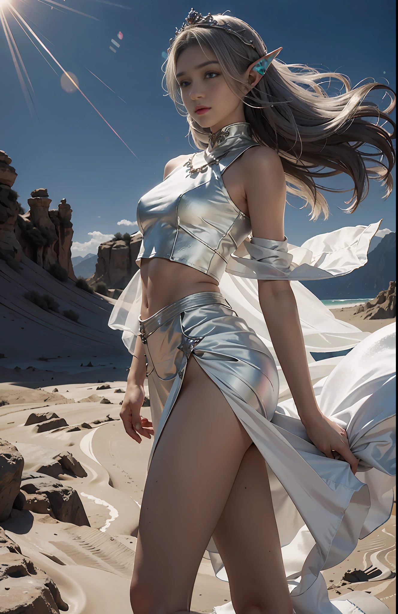Best picture quality, perfect masterpiece, super high resolution, 1.4x realism, original photo, a girl, cinematic lighting, in the desert, sunny, using the Tyndall effect, elf girl performing dance, , wearing a silver crown, ears as long as elves, silver gradient hair, big blue eyes, extreme light and shadow, wearing a white gauze skirt, a veil on her head fluttering in the wind.