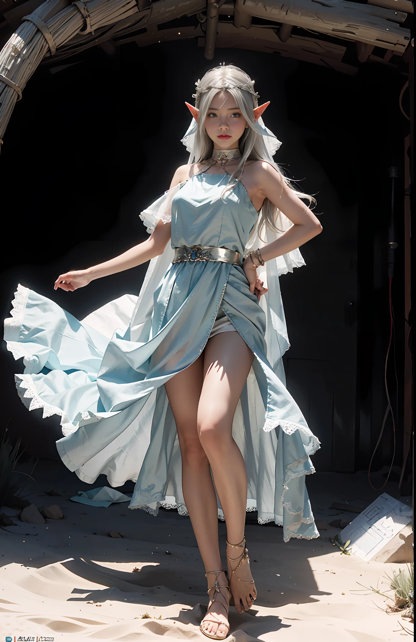 Best picture quality, perfect masterpiece, super high resolution, 1.4x realism, original photo, a girl, cinematic lighting, in the desert, sunny, using the Tyndall effect, elf girl performing dance, 15 years old, wearing a silver crown, ears as long as elves, silver gradient hair, big blue eyes, extreme light and shadow, wearing a white gauze skirt, a veil on her head fluttering in the wind.
