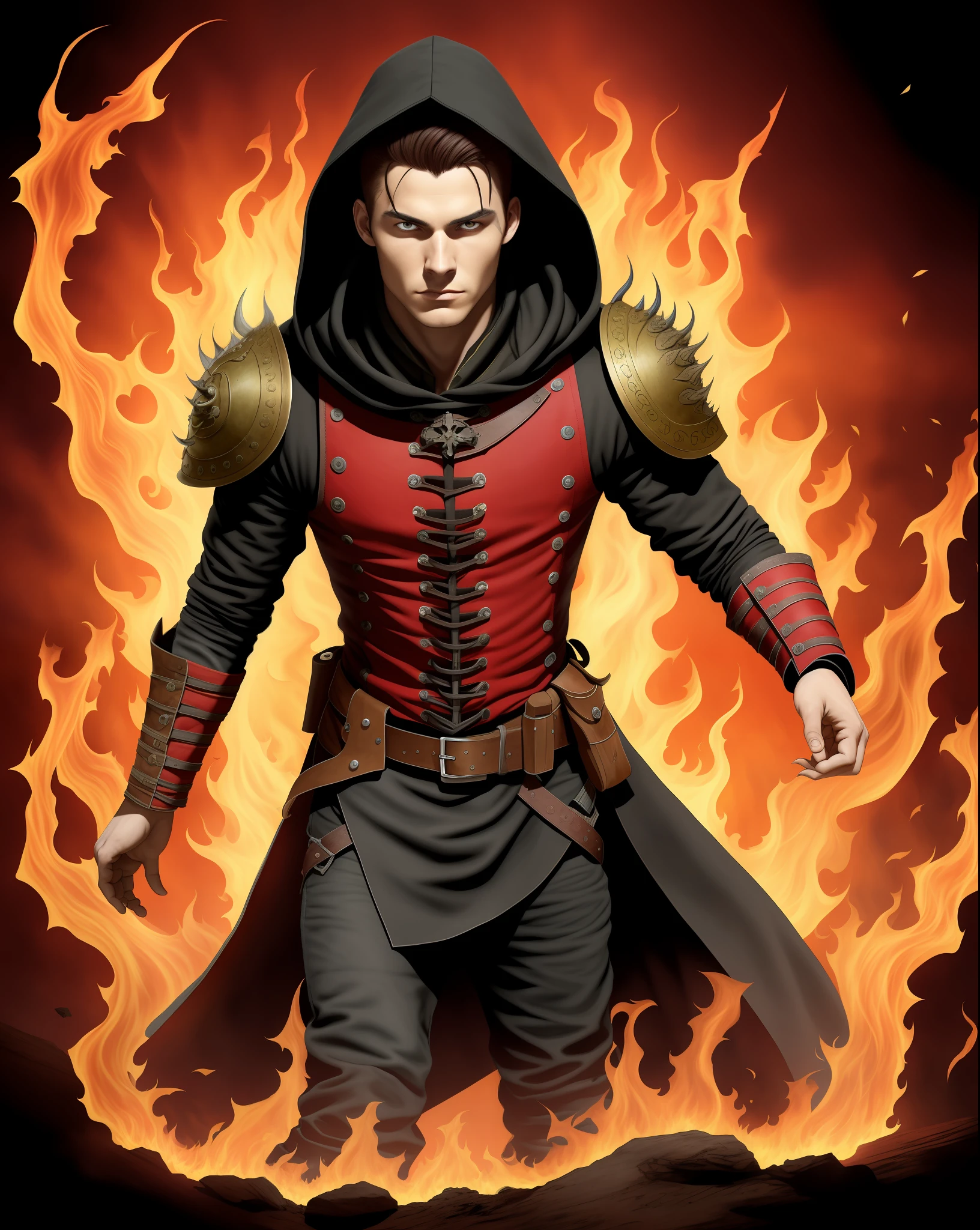 the cover of an old medieval codex black, red and scarlet and black burgundy leather, a young man on his back with black hood, focus on the young brown skin black eyes with red pupil, gold title Kepora, title: "Trail of Flames", tooling, burning details, trail of flames, footprints on fire seen from above, centered, extremely high details,  scruffy flame trail:1.5, rough1:5, stained:1.5, bright natural colors:1.0