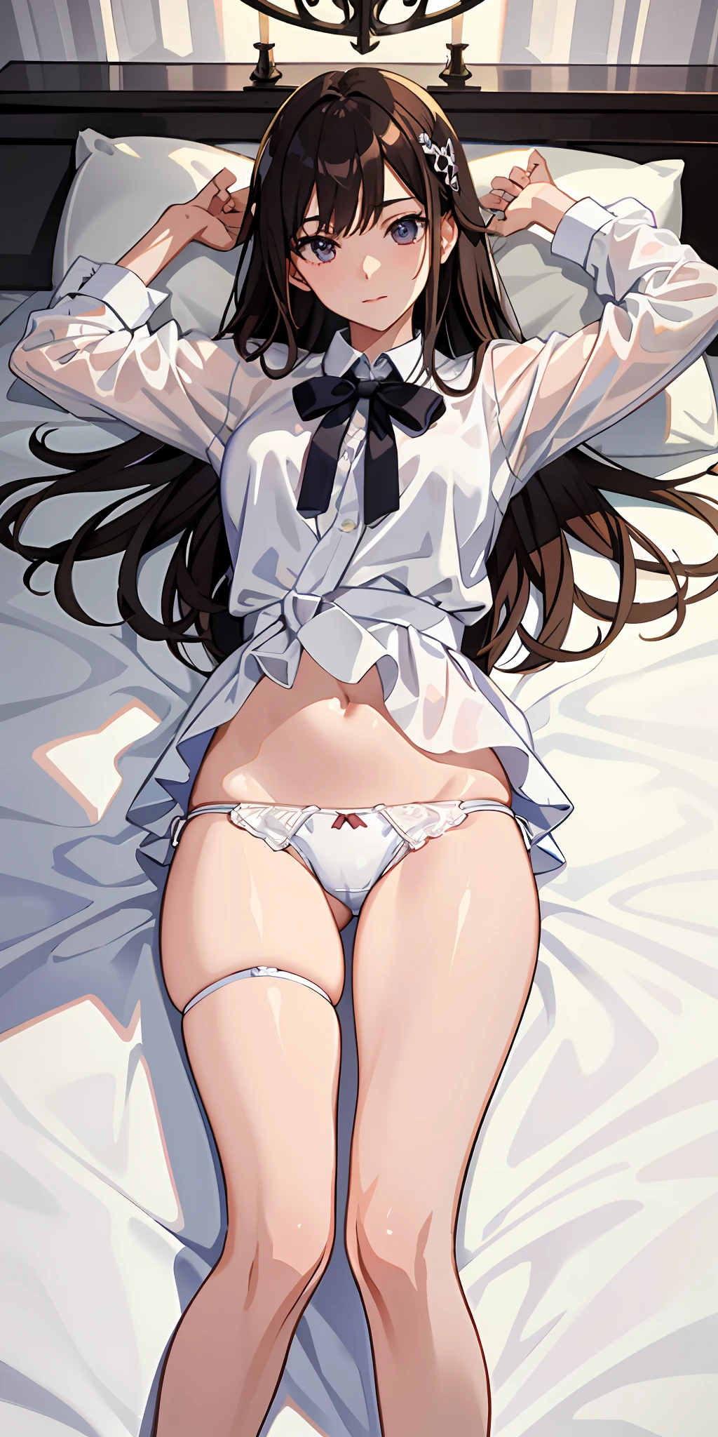 "(Masterpiece), best quality, anime style, effeminate, on the bed, tied with ribbon,(1 trap:1.2), wet white blouse, panties showing package:1.3), dark hair, light skin, raised arms, sfw, sensual, ecchi,"."
