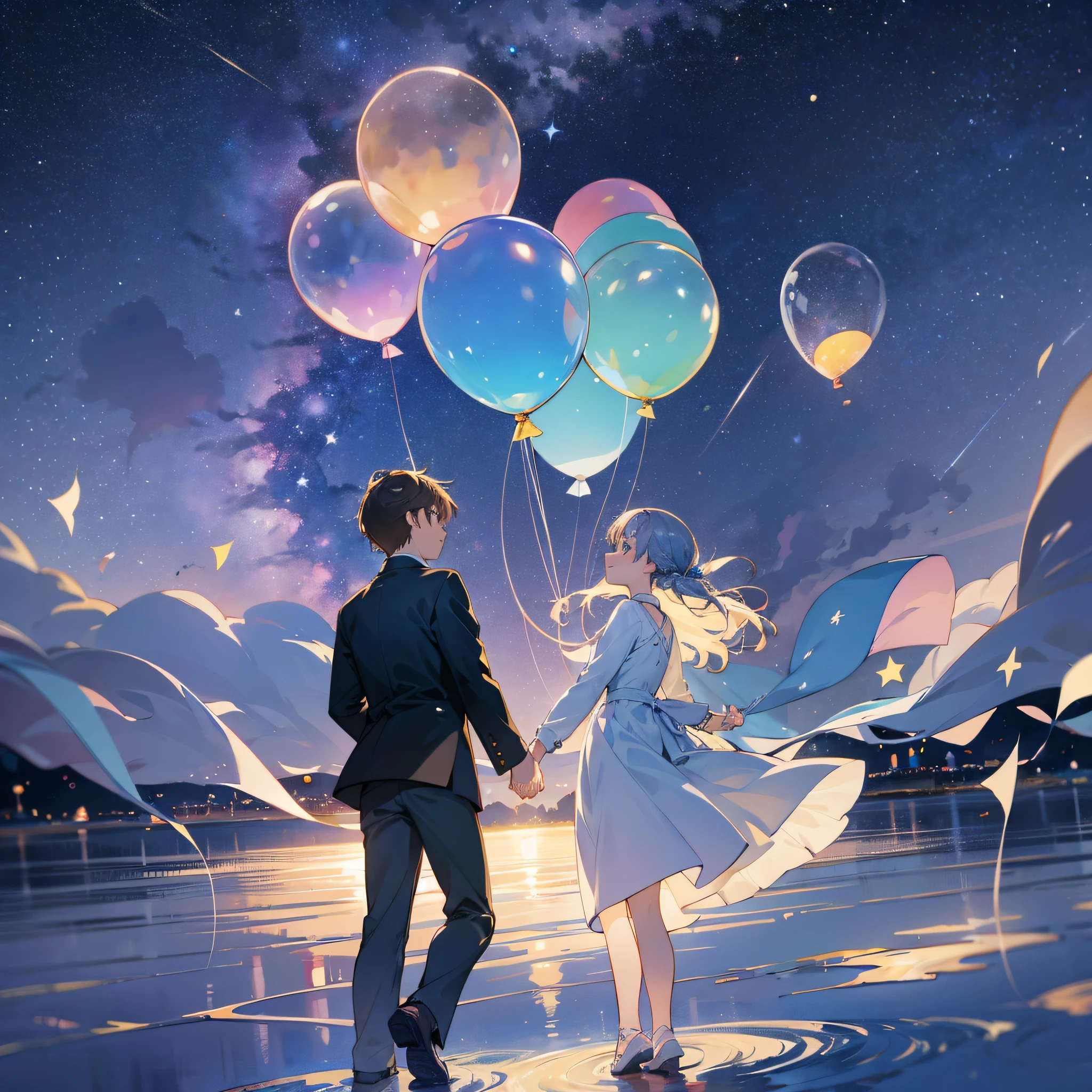 Floating balloons and starry sky: You see two people holding hands, standing on a floating balloon with a bright starry sky below, making people feel romantic and mysterious