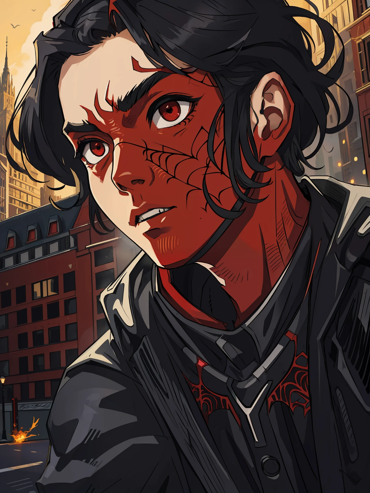 (masterpiece, best quality), intricate details, 8k, artstation, wallpaper, official art, splash art, sharp focus, red eyes, black hair,
spider suit, web print, cobweb,
skyscraper, city, buildings, cars, street, boy