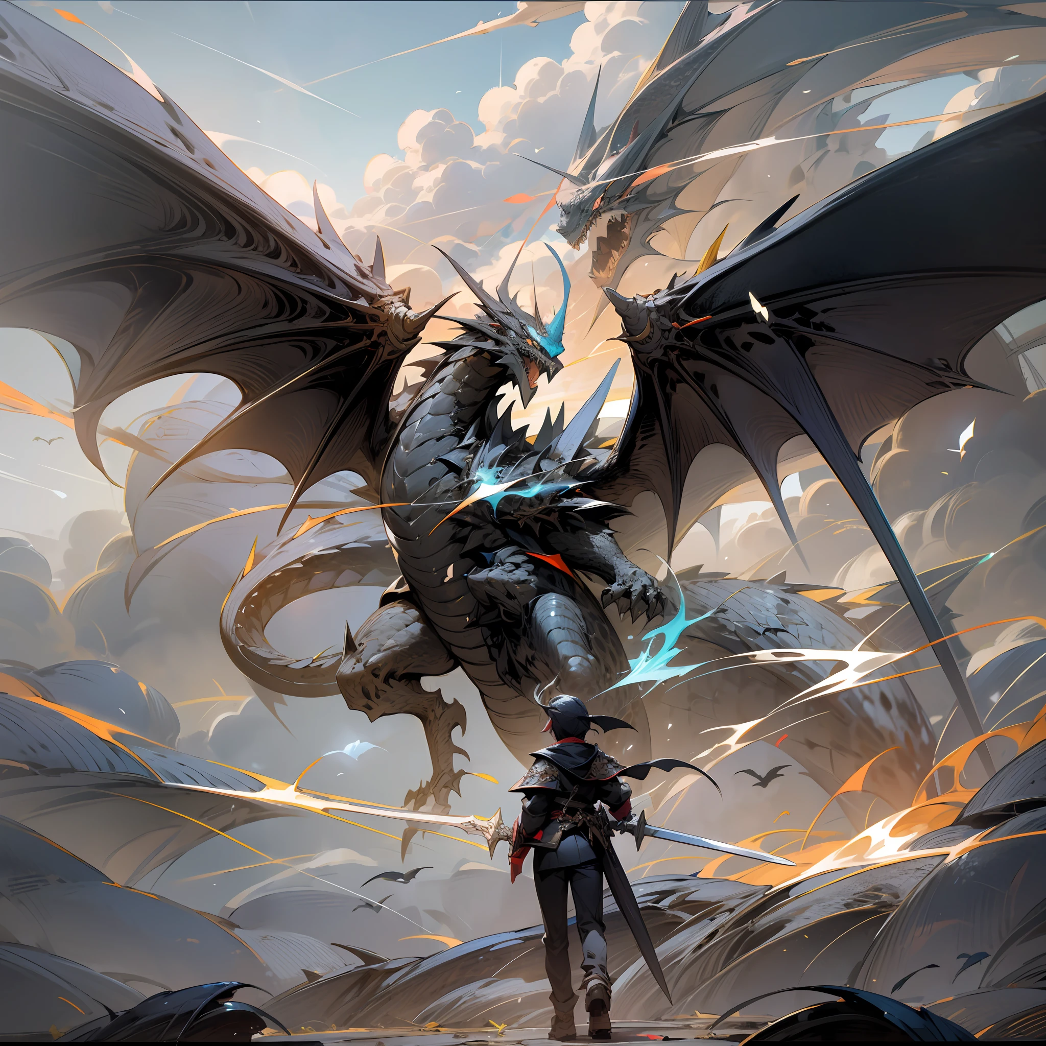 girl, letterbox, holding, outdoor, bird, standing, cloud, 1 boy, weapon, double sword, black dragon,fire-breathing, from behind, sky, cloudy sky, animal, holding weapon, western dragon,black dragon, monster, 1other,black armor, fog, --auto --s2