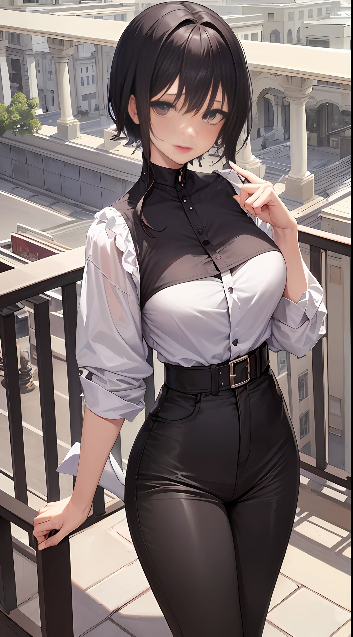 ((Top Quality, 8K, Masterpiece: 1.3)), Sharp Focus: 1.2, Cute Beauty with Perfect Figure: 1.4, Slim Big: 1.2, ((Black Casual Hairstyle, Big: 1.2, Big: 1.2)), (Oversized Shirt, Buttoned Shirt, Open Shirt, White Shirt), (Men's Shirt), (Semi-nude, Ecstatic, Standing: 1.2, Sexy Pose), (( Simple balcony: 1.3 created mainly by women)), very detailed face and skin texture, fine eyes, double eyelids, slave chains, slave collars, harnesses, wide-eyed, tongue-out,-tongued, crazy, open mouth, screaming, ahe-face, rough breathing, blushing, sweat,