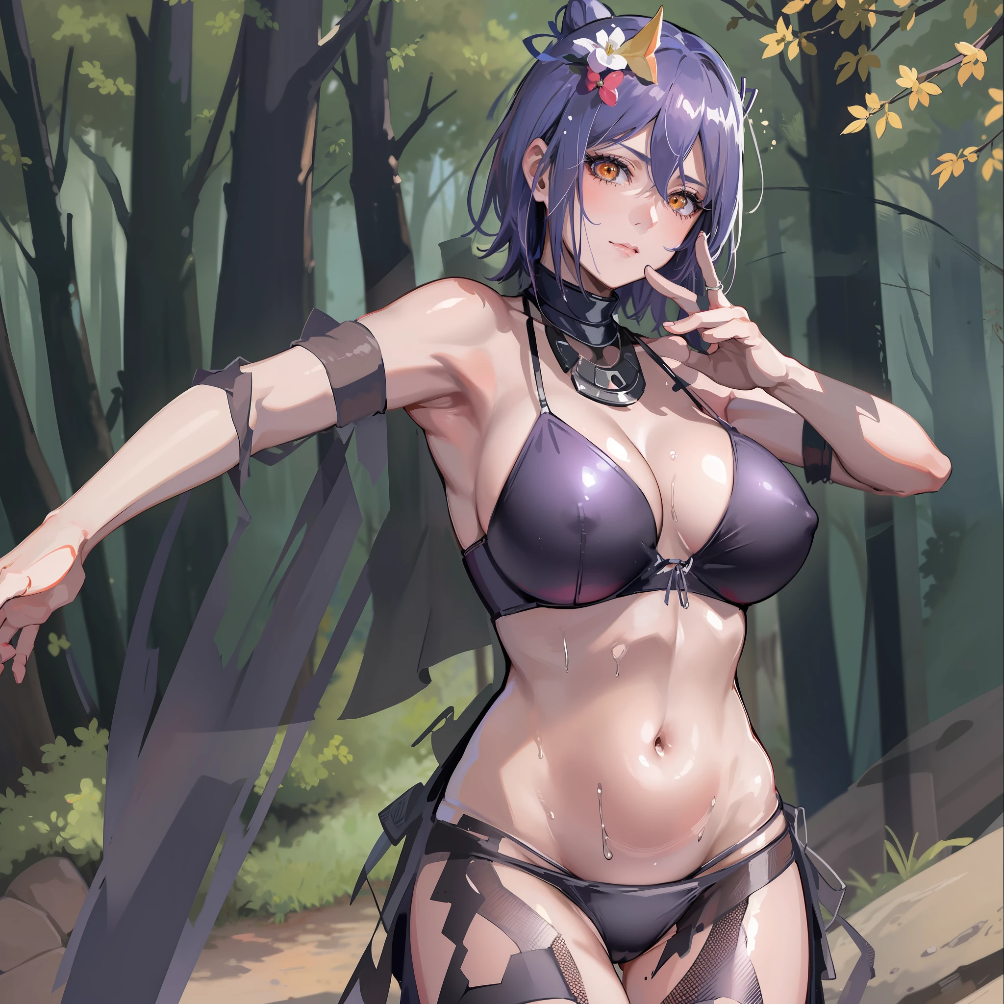 best quality, masterpiece, highly detailed, more realistic, high definition, konan naruto, orange eyes,akatsuki bikini,mature star, realistic breasts, beautiful body, akatsuki bikini big breasts, big ass, short purple hair, woman dancing in the forest, forest in ancient russia, night, white lingerie, historical site, old dress, seduction, make an erotic face, make an erotic face, moonless night,  moonless night, blood moon, too little light, too dark, too dark, no light, fog