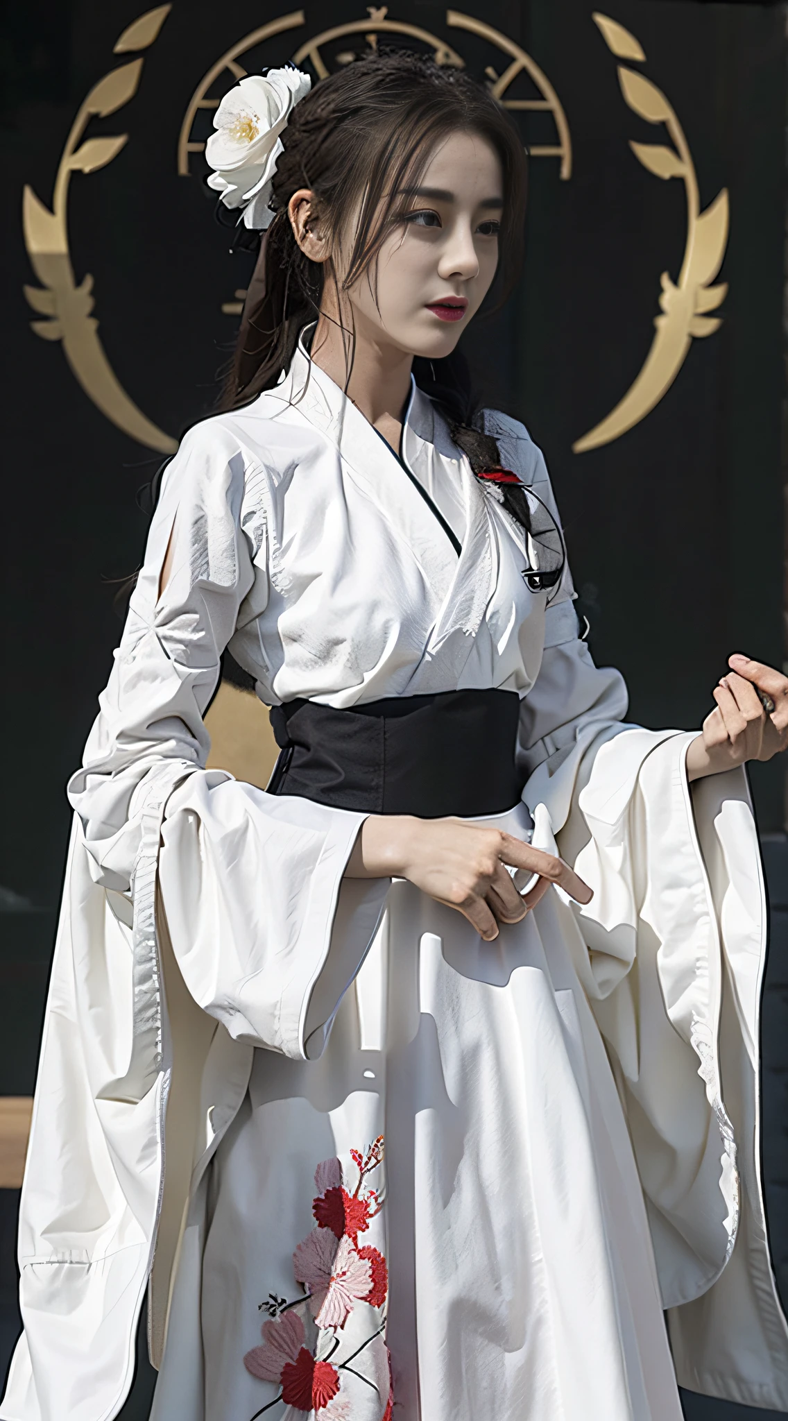 (1girl:1.3), solo, __body-parts__, white hanfu, embroidery, flowers, dark gray background, huge file size, 8k, high resolution,