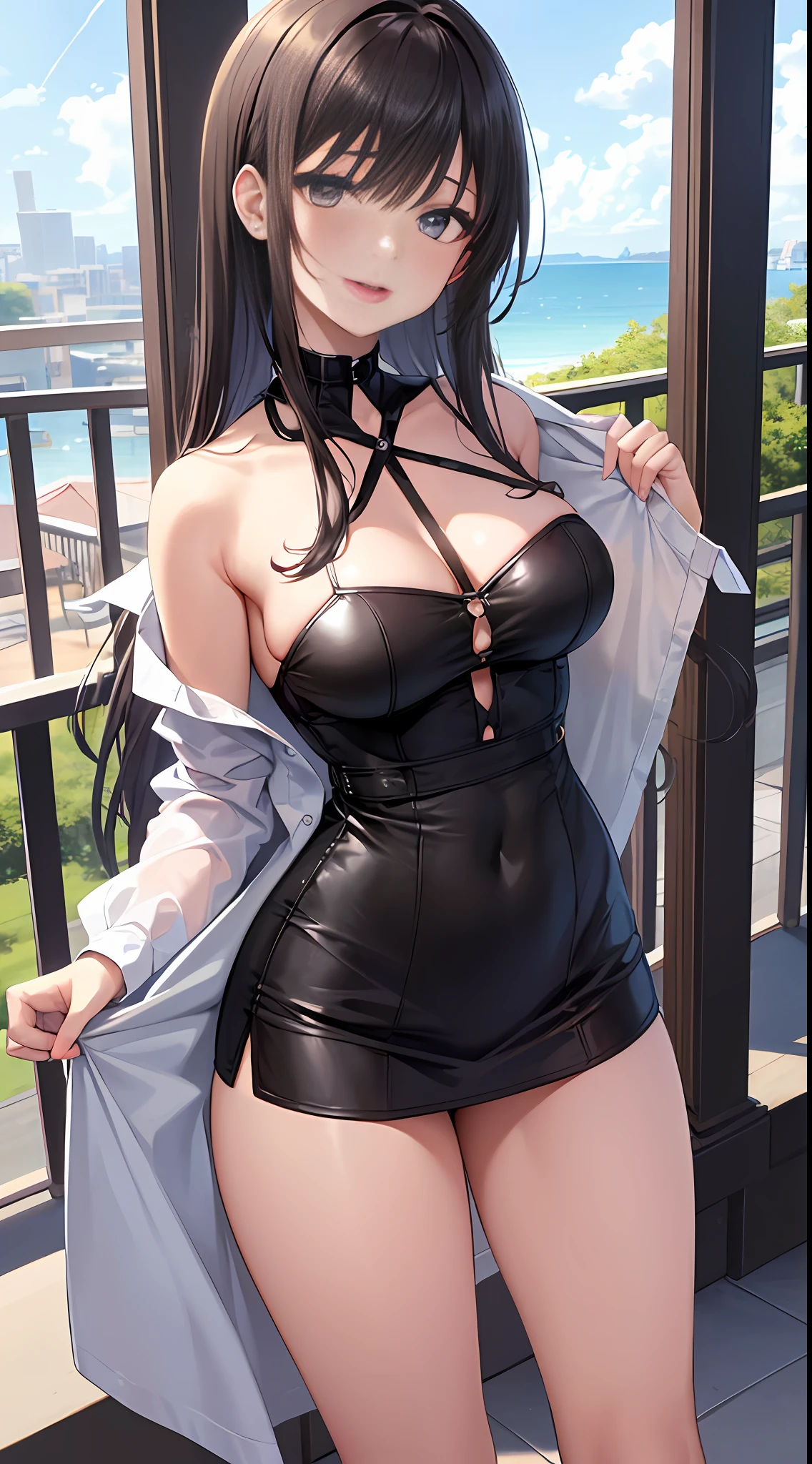 ((Top Quality, 8K, Masterpiece: 1.3)), Sharp Focus: 1.2, Cute Beauty with Perfect Figure: 1.4, Slim Big: 1.2, ((Black Casual Hairstyle, Big: 1.2, Big: 1.2)), (Oversized Shirt, oned Shirt, Open Shirt, White Shirt), (Men's Shirt), (Semi-nudestatic, Standing: 1.2, Sexy Pos (( Simple balcony: 1.3 created mainly by women)), very detailed face and skin texture, fine eyes, double eyelids, slave chains, slave collars, harnesses, wide-eyed, tongue-out,-tongued, crazy, open mouth, screaming, ahe-face, rough breathing, blushing, sweat,