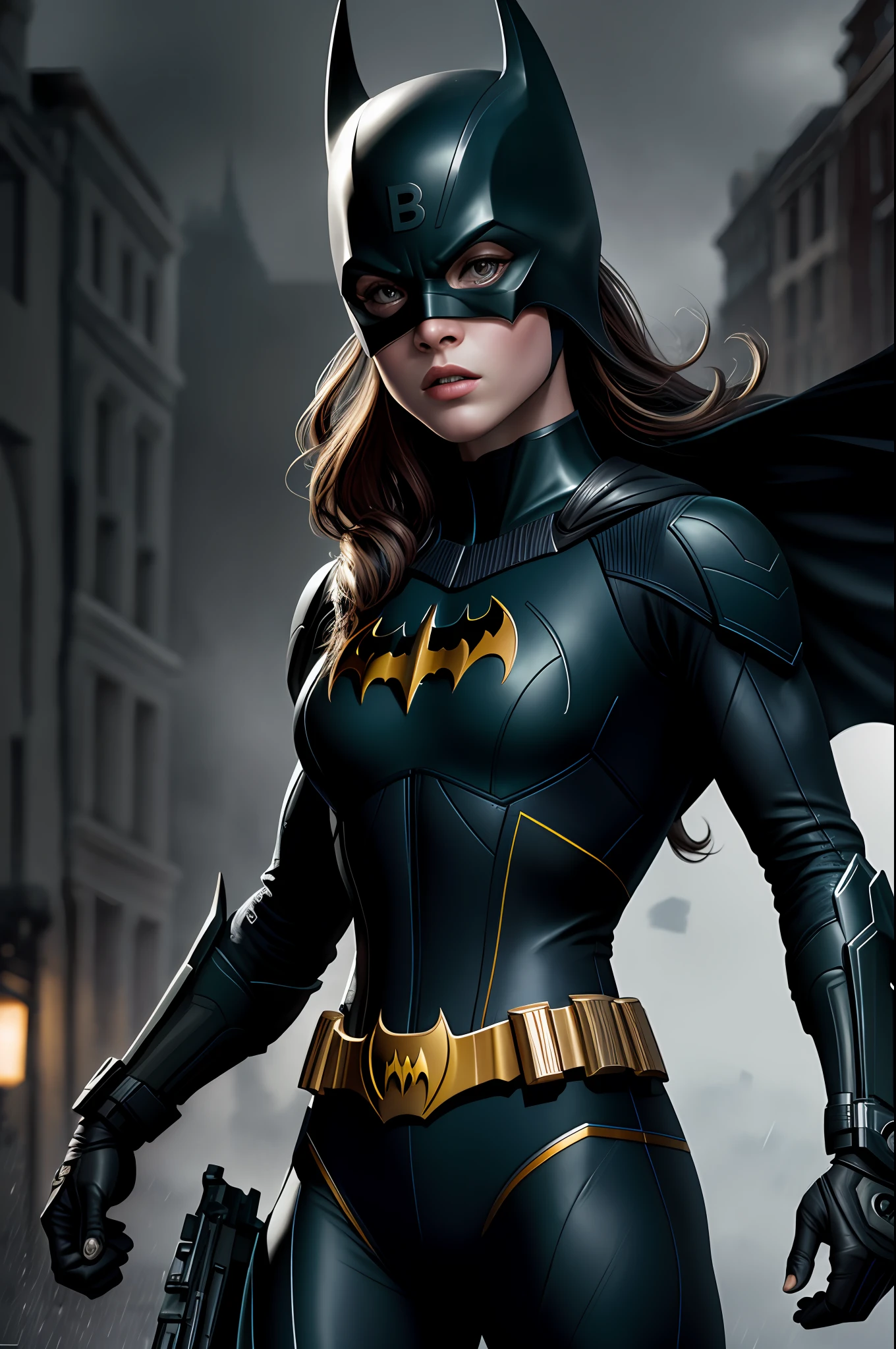 (8k, RAW photo, best quality, masterpiece: 1.2), ultra detailed, official art, photo-realistic: 1.37, upper body shot, DC Batgirl, film grain, action pose, fine rain