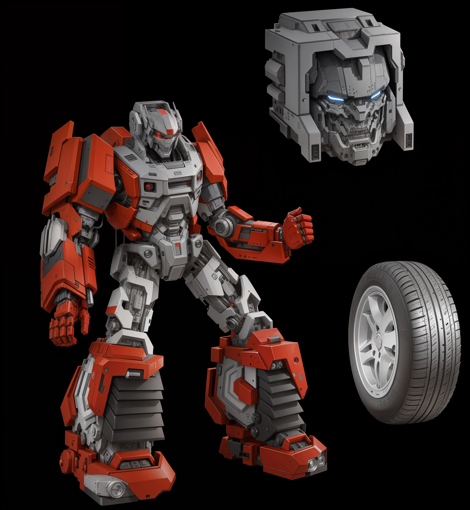 A robot, red and gray paint, complex machine structure and parts, metal texture, battle damage, sense of technology, strong contrast lighting, tires, sports car shell armor, black background, HD, Transformer style, perfect fingers,