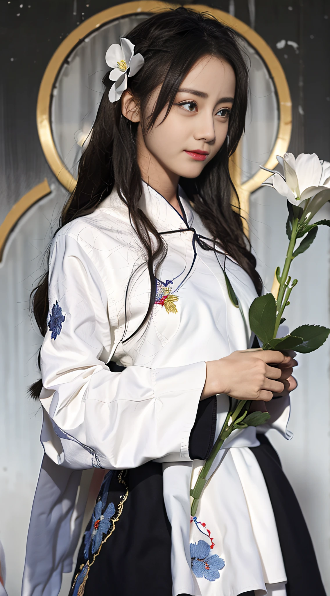 (1girl:1.3), solo, __body-parts__, white hanfu, embroidery, flowers, dark gray background, huge file size, 8k, high resolution,