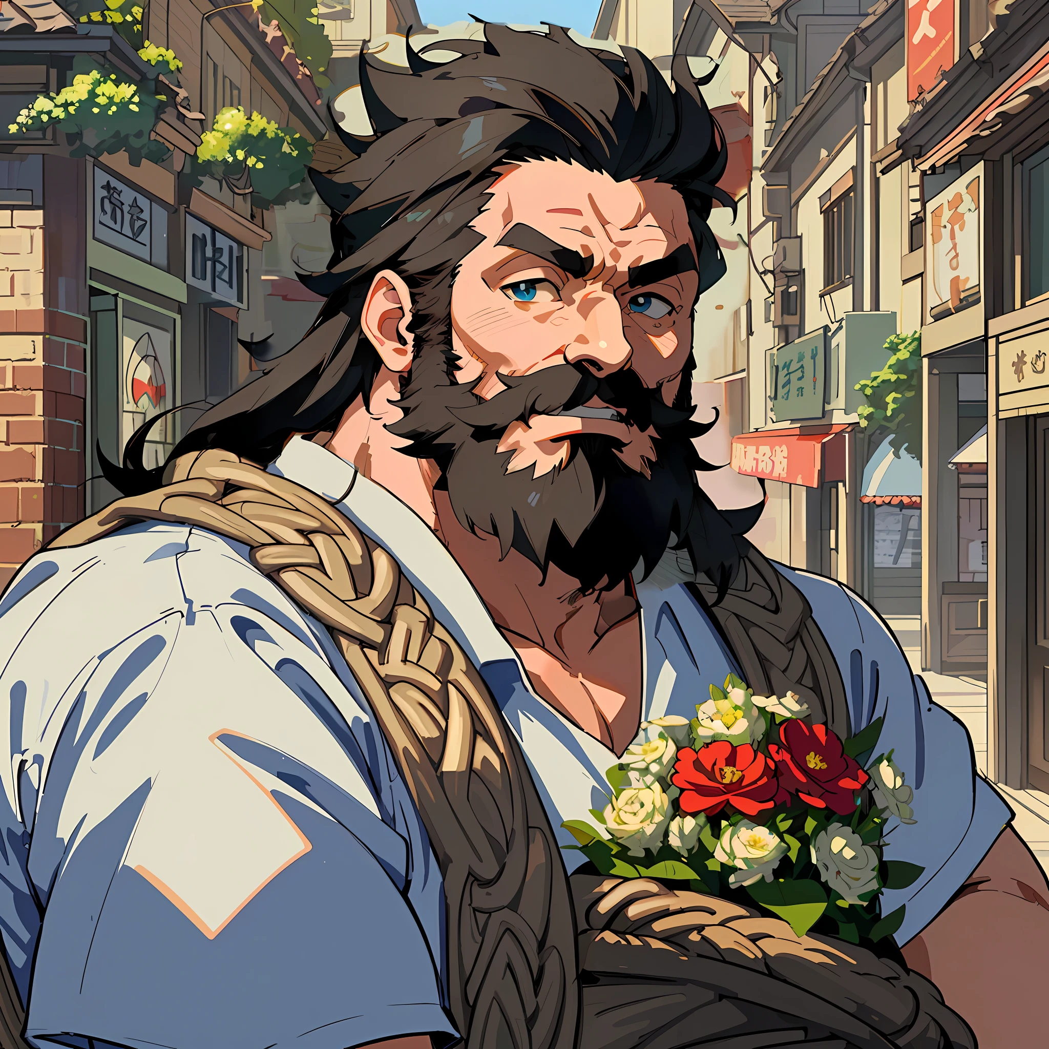 Masterpiece, high quality, (a mature and stable middle-aged uncle wearing white short sleeves, slightly chubby face, neat beard and hopeful blue eyes, high-quality illustrations in anime style, detailed shadows and highlights, focusing on capturing the essence of the characters, the characters are slightly chubby and muscular but extremely balanced, quick thinking, calm under pressure, firm and selfless, full of compassion and understanding wise character image. ), extremely detailed faces, in the middle of a small town, sunshine, extremely detailed backgrounds, extremely detailed anime art