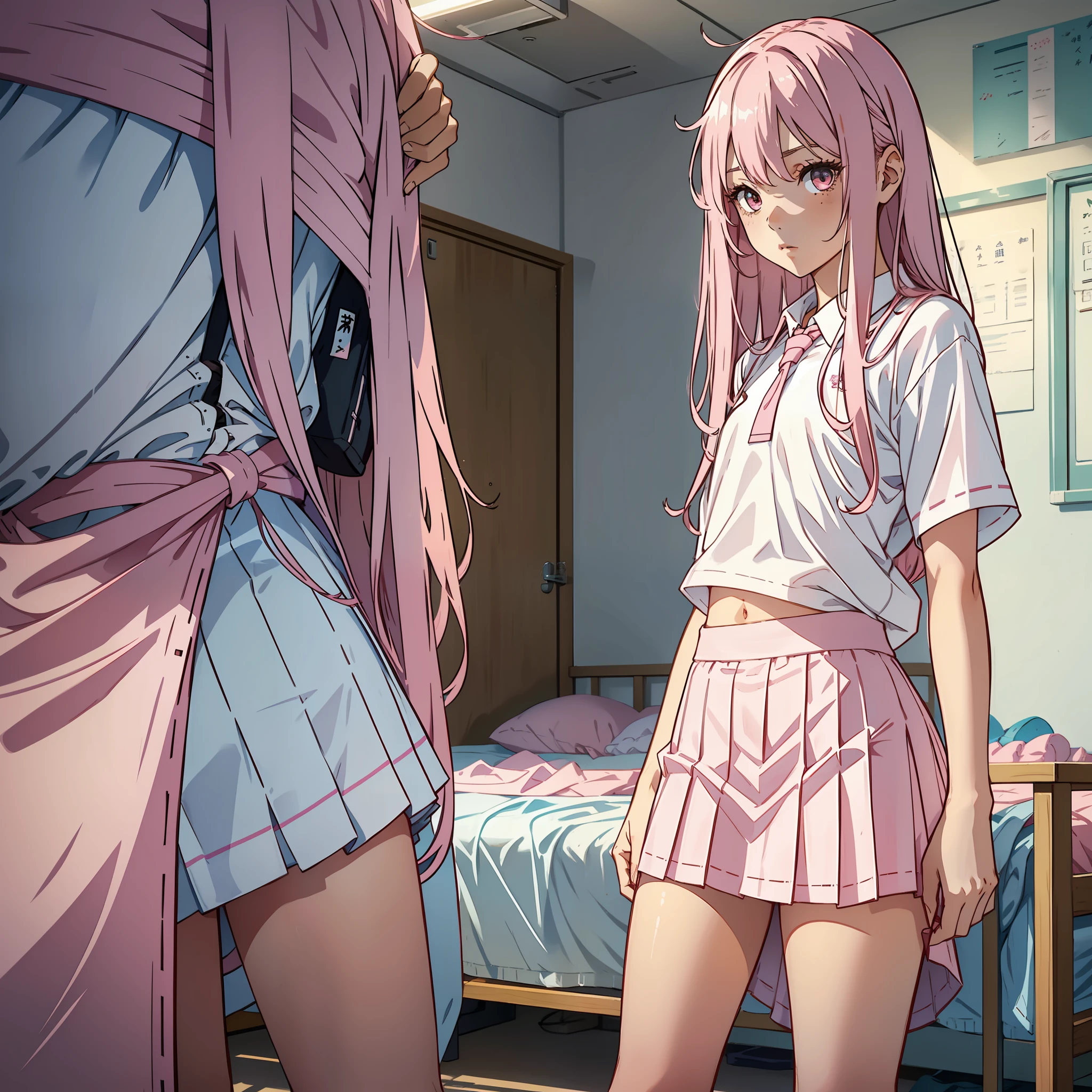 A girl, with long pink hair, wearing a white skirt, with a serious expression, stood by the bed, in the school dormitory, getting in and out of bed