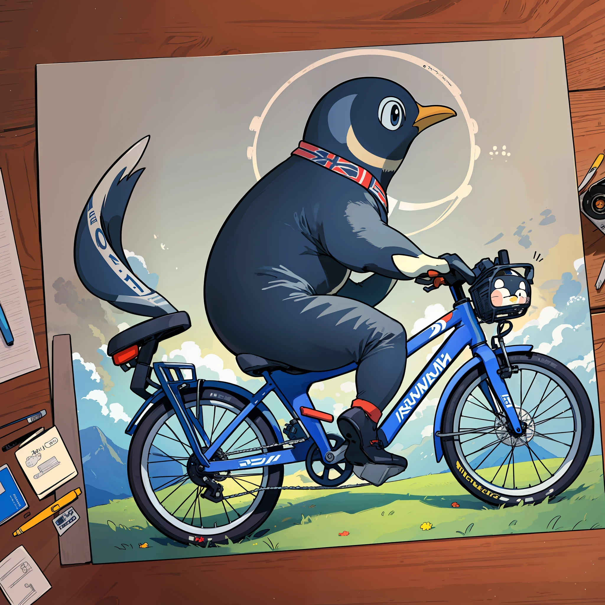 (The drawing is a) masterpiece, (with) maximum quality, 8k image using an extremely detailed technique, (showing) an adorable baby penguin pedaling a bicycle, (seen) from the side.