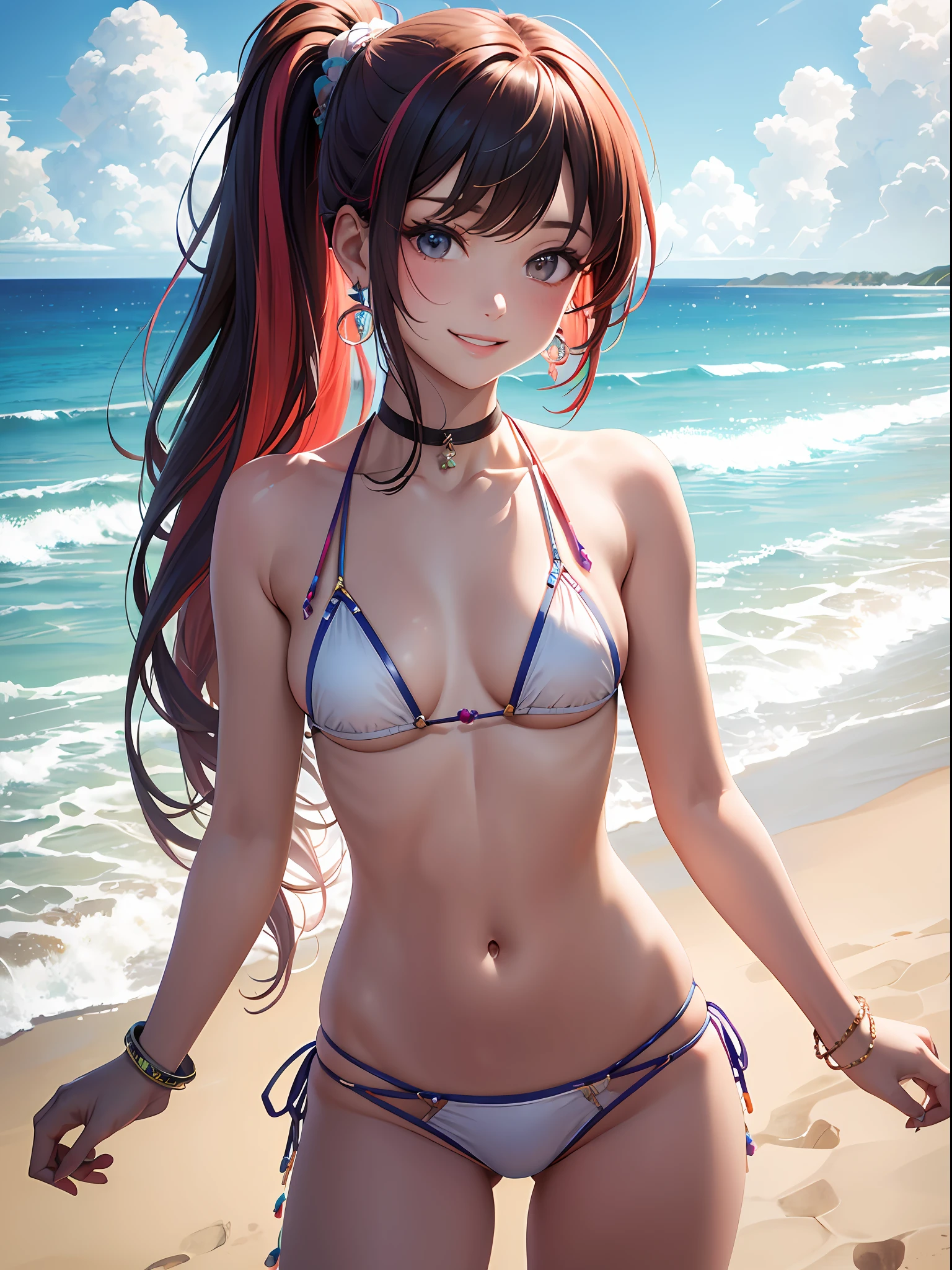 (Masterpiece: 1.5), (Best Quality: 1.5), High Resolution, High Detail, 1 Girl, Solo, Skin Highlight, Sharpen, Clear, straight hair, ponytail, multicolored hair, Jewelry, bracelet, earrings, cowboy shot, pale skin, smile, beach, micro bikini