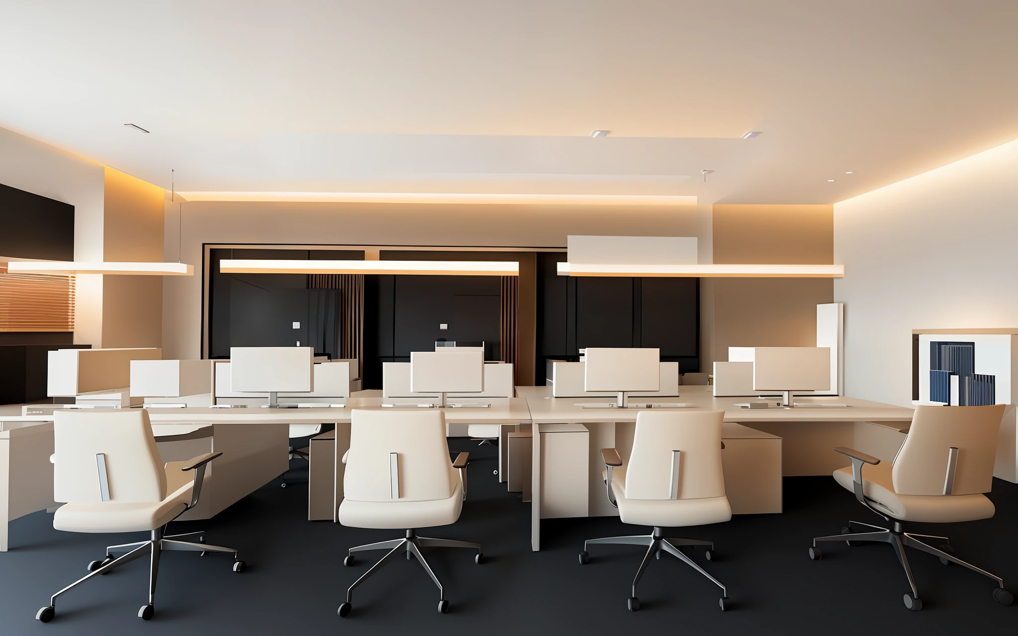 Minimalist, high-end, meeting room, office. Real lighting, high-definition detailed rendering renderings, high-end cute artwork. Natural, tasteful. Early morning sun