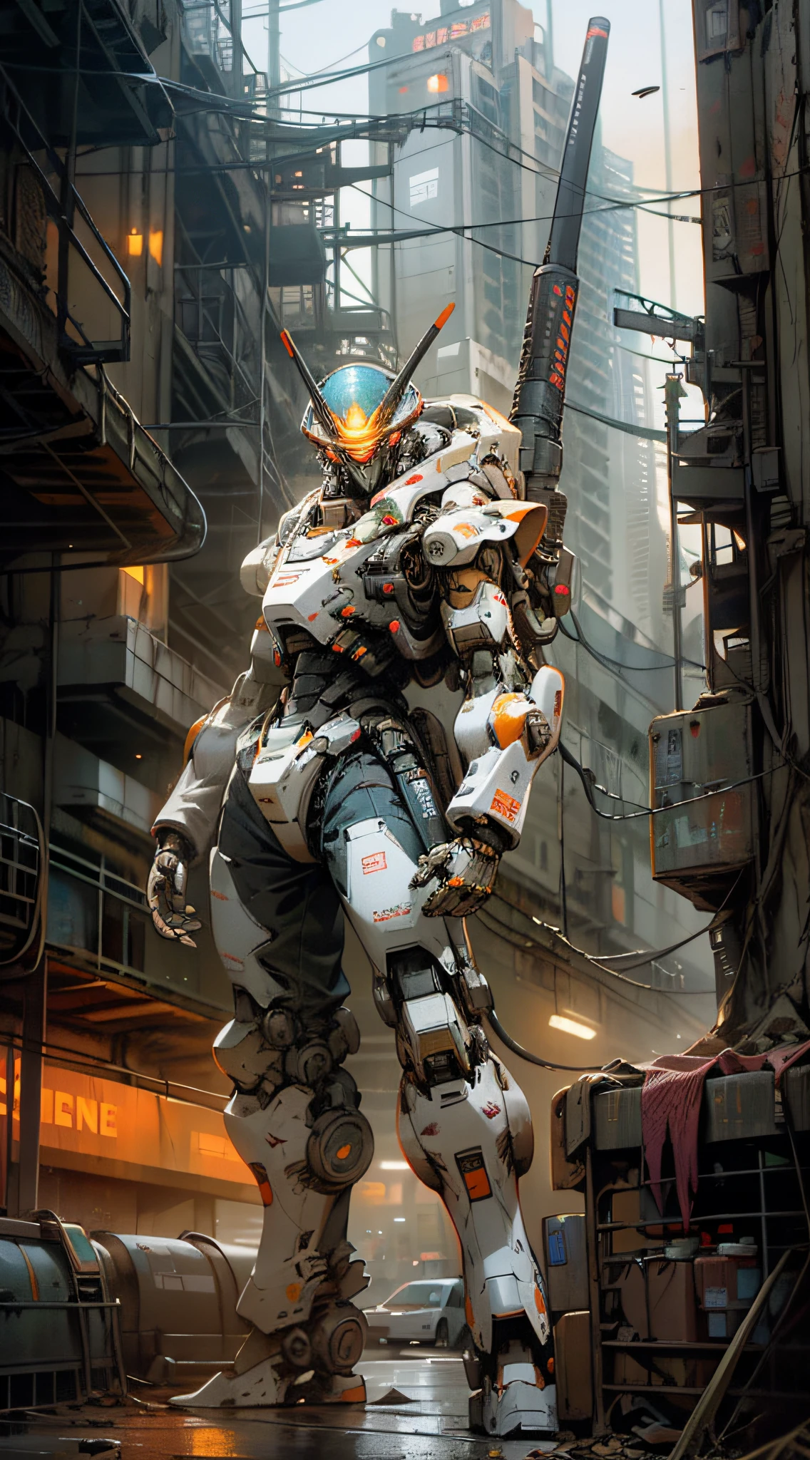 On the moon,barren planets, ruins, holding_weapon, no_humans, glowing, robot, building, glowing_eyes,orange mecha, science_fiction, city, realistic,mecha,Milky Way Galaxy background,neon,cyberpunk,
