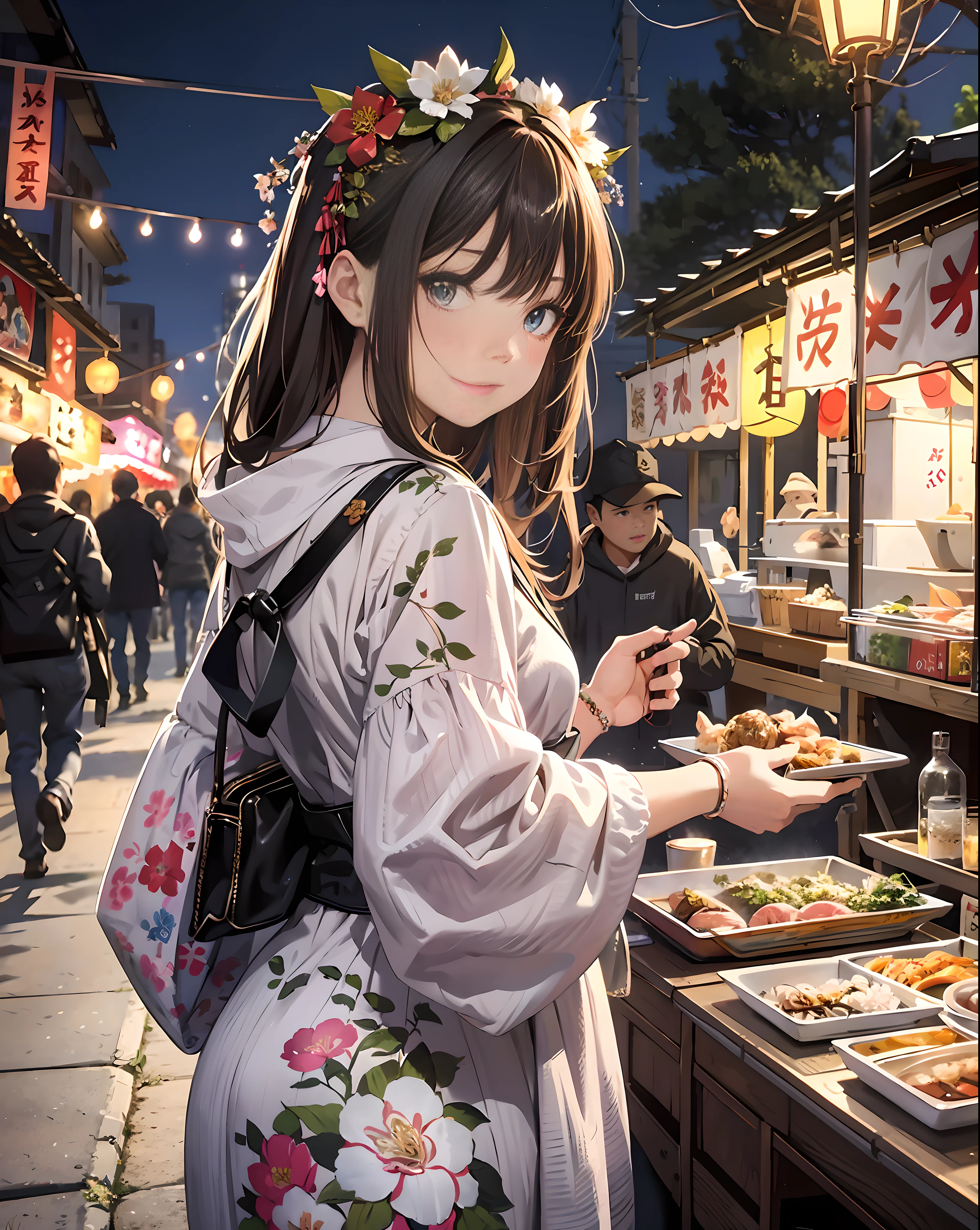 masterpiece, best quality, ultra-detailed, illustration, omatsuri, food stand, 1girl, beautiful eyes, looking at viewer, from behind, cowboy shot, looking back, yukata, tree, outdoors,road, walking,  crowd, night, lantern, festival, food, pavement, crosswalk, paper lantern, lamppost, brown hair, night sky,