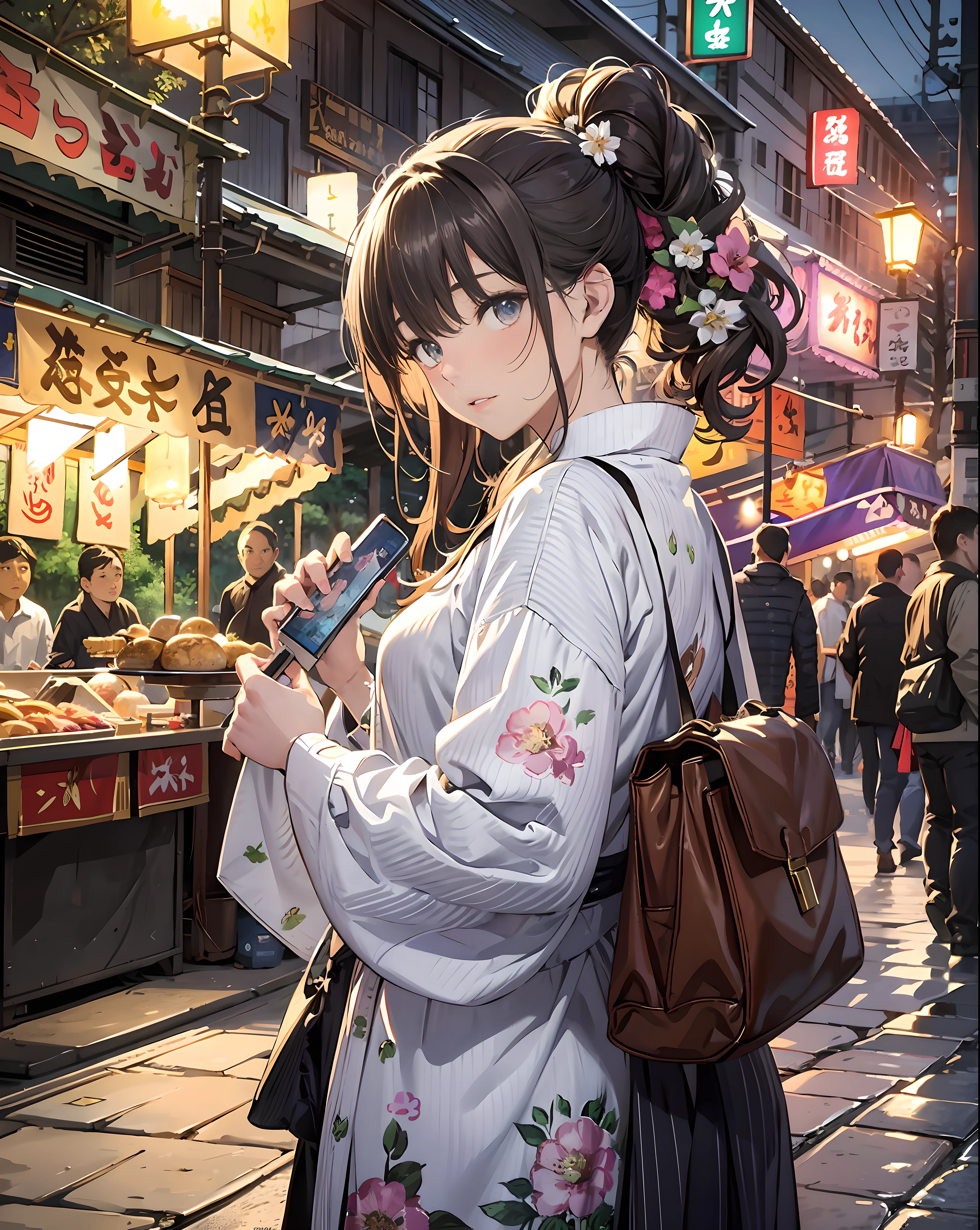 masterpiece, best quality, ultra-detailed, illustration, omatsuri, food stand, 1girl, beautiful eyes, looking at viewer, from behind, cowboy shot, looking back, yukata, tree, outdoors,road, walking, crowd, night, lantern, festival, food, pavement, crosswalk, paper lantern, lamppost, brown hair, night sky,