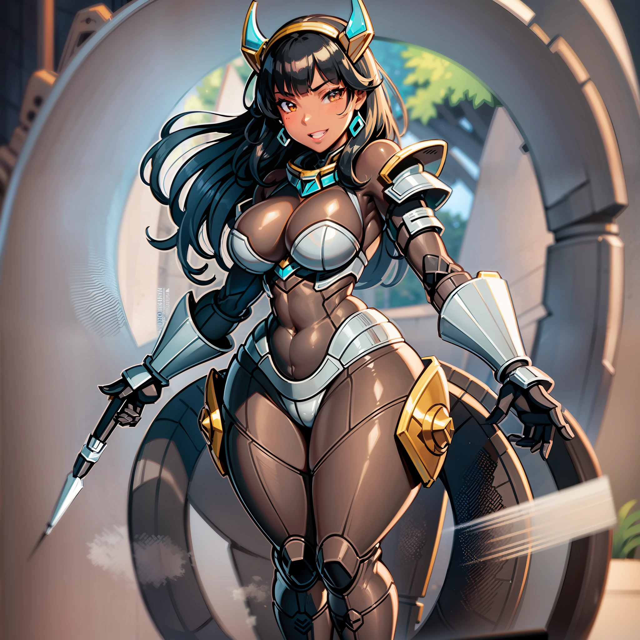 1girl, solo, breasts, dark_skin, dark-skinned_female, straight_hair, black_hair, shiny, shiny_hair, lips, parted_lips, brown_eyes, huge_breasts, huge butt, eyelashes, big_lips, lipstick, very_long_hair, mole, mole on chest, very dark-skinned female, chubby female, chubby girl, highly detailed, clear focus, shitu-mecha, mecha suit, anposeime style, mecha musume, full mecha suit, smile, mechanical armor, mecha armor garage background, full body, robot armor, full iron armor, full armor, cute, shiny armor, fantasy
