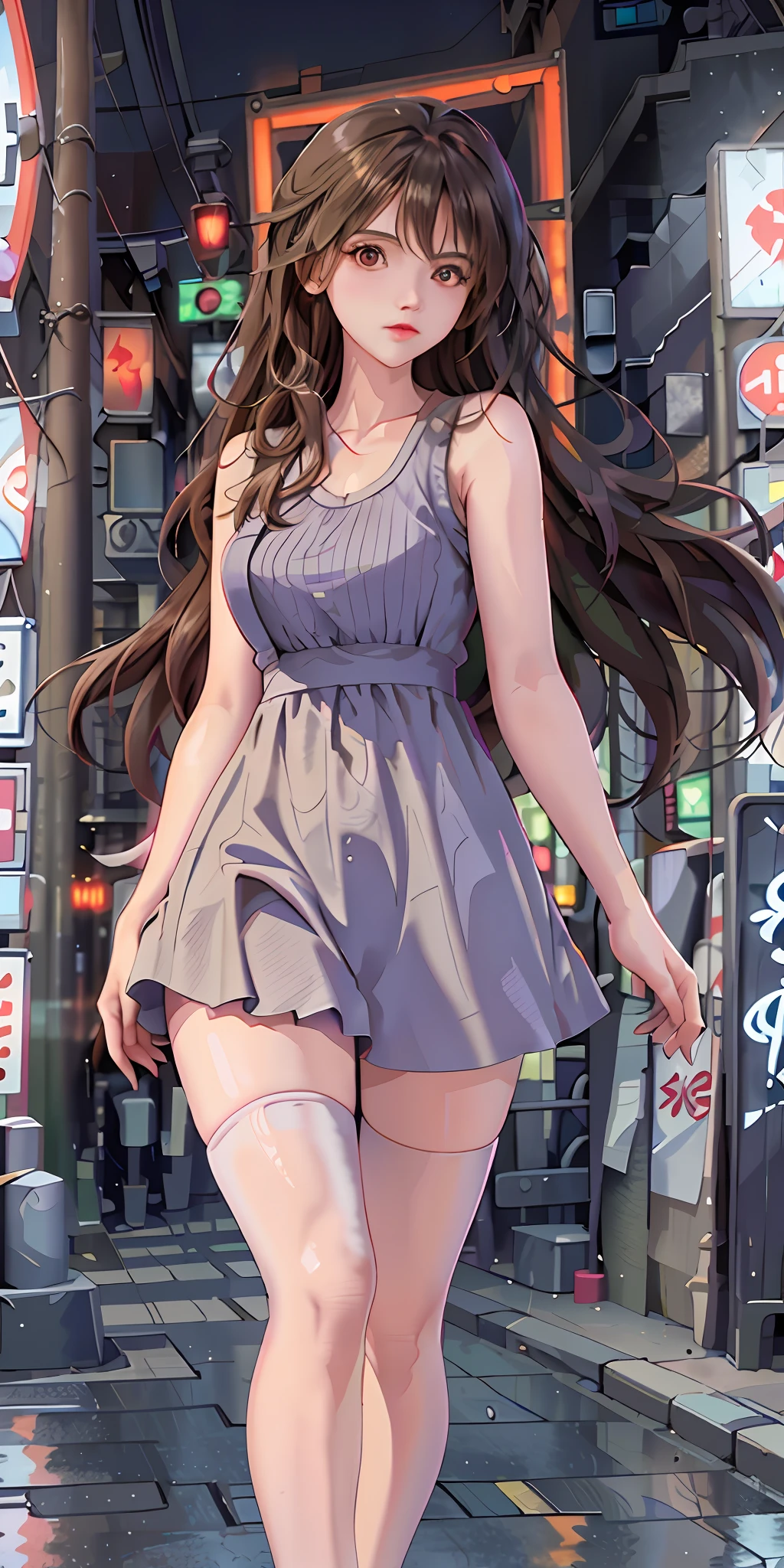 (Best quality, masterpiece: 1.3), 1 girl, rainy day, fog, alley, umbrella, looking at the audience, facing the photo, cyberpunk city, alone in an alley, neon lights in an alley, very reflective city, long hair, large and small strands of hair through the alley, bar, japan, tokyo, garter belt on one leg, knee pads on the other leg, perfect hands, sophisticated, night, dress, shorts, tank top,