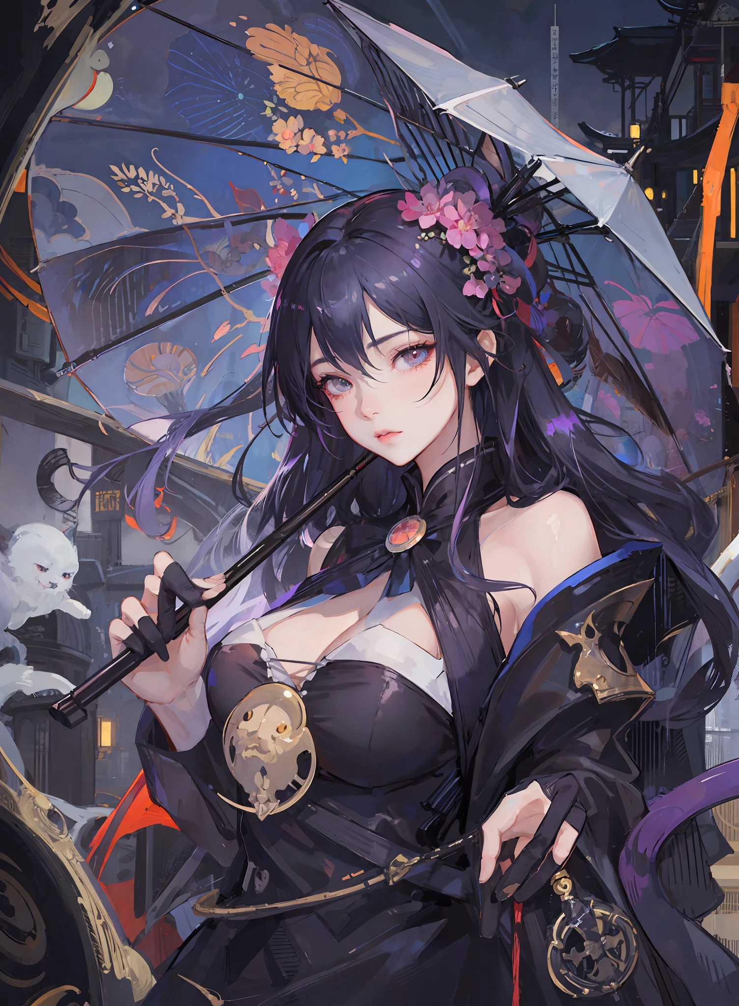 there are two pictures of a woman with an umbrella and a cat, artwork in the style of guweiz, guweiz, beautiful character painting, guweiz on artstation pixiv, guweiz on pixiv artstation, stunning anime face portrait, beautiful digital artwork, wlop rossdraws, detailed digital anime art, guweiz masterpiece