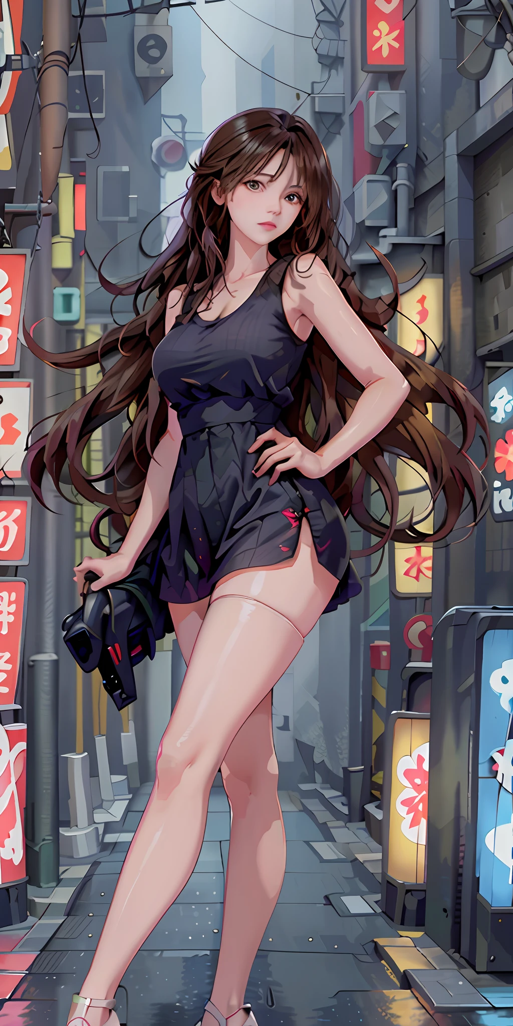 (Best quality, masterpiece: 1.3), 1 girl, rainy day, fog, alley, umbrella, looking at the audience, facing the photo, cyberpunk city, alone in an alley, neon lights in an alley, very reflective city, long hair, large and small strands of hair through the alley, bar, japan, tokyo, garter belt on one leg, knee pads on the other leg, perfect hands, sophisticated, night, dress, shorts, tank top,