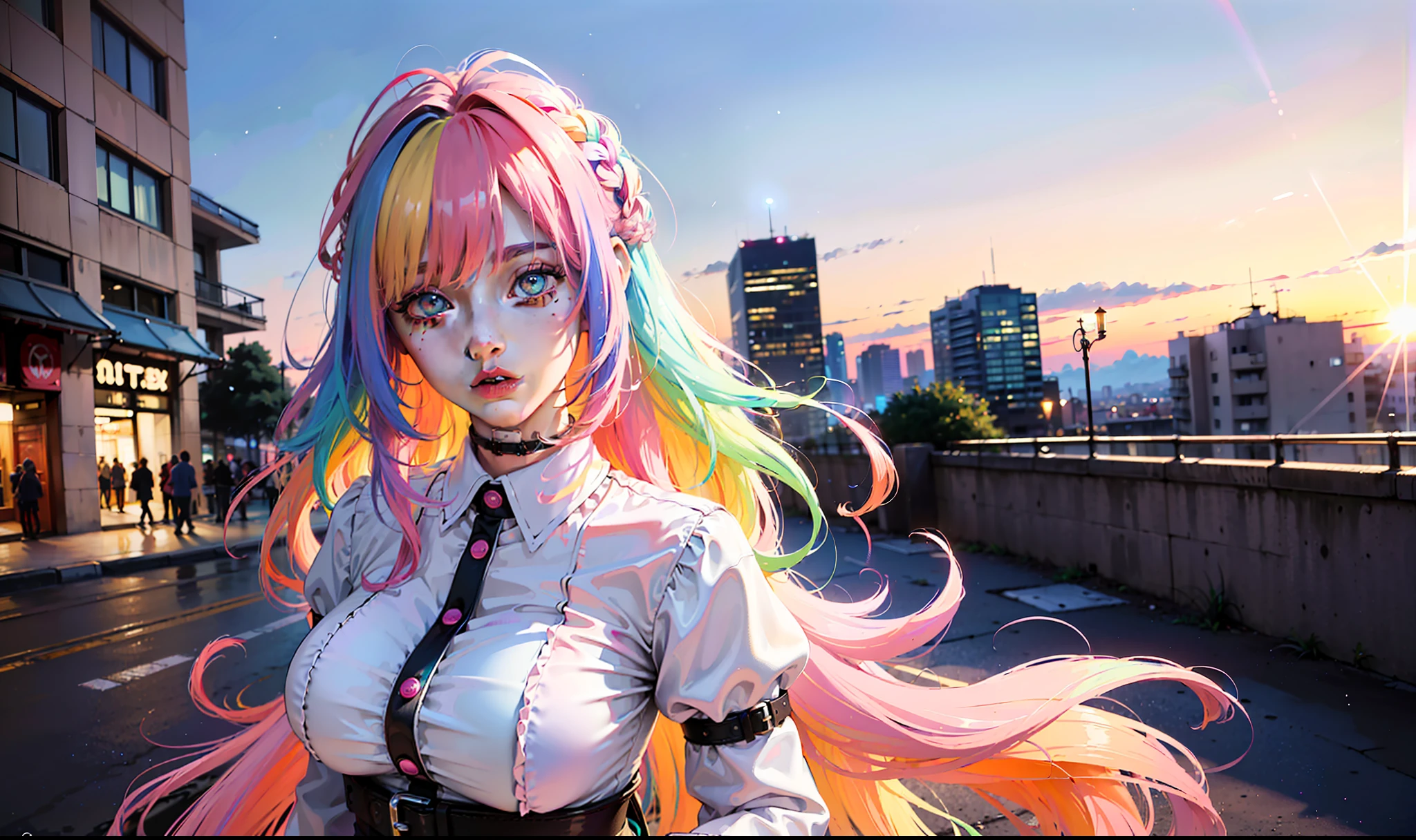 (city_view:1.32), on_street, walking, (masterpiece:1.2), (best quality), (beautiful detailed light:1.3), (beautiful_detailed_sky:1.13), (beautiful_detailed_cloud:1.14), cinematic light, intricate details, hyper detail, (multicolored eyes:1.5), (beautiful_detailed_eyes:1.4), (disheveled hair:1.3), (big_rabbit ears:1.3), (glow_white_particles:1.3), (hair_flows_upside:1.2), (clothes_flows_upside:1.3), (1girl:1.4), (solo:1.3), (gradiant hair:1.5), (multicolored hair:1.7), (pink_hair:1.5), (sky_blue_hair:1.4), (light_purple_hair:1.45), (light_green_hair:1.4), long_hair, curly hair, huge_breast