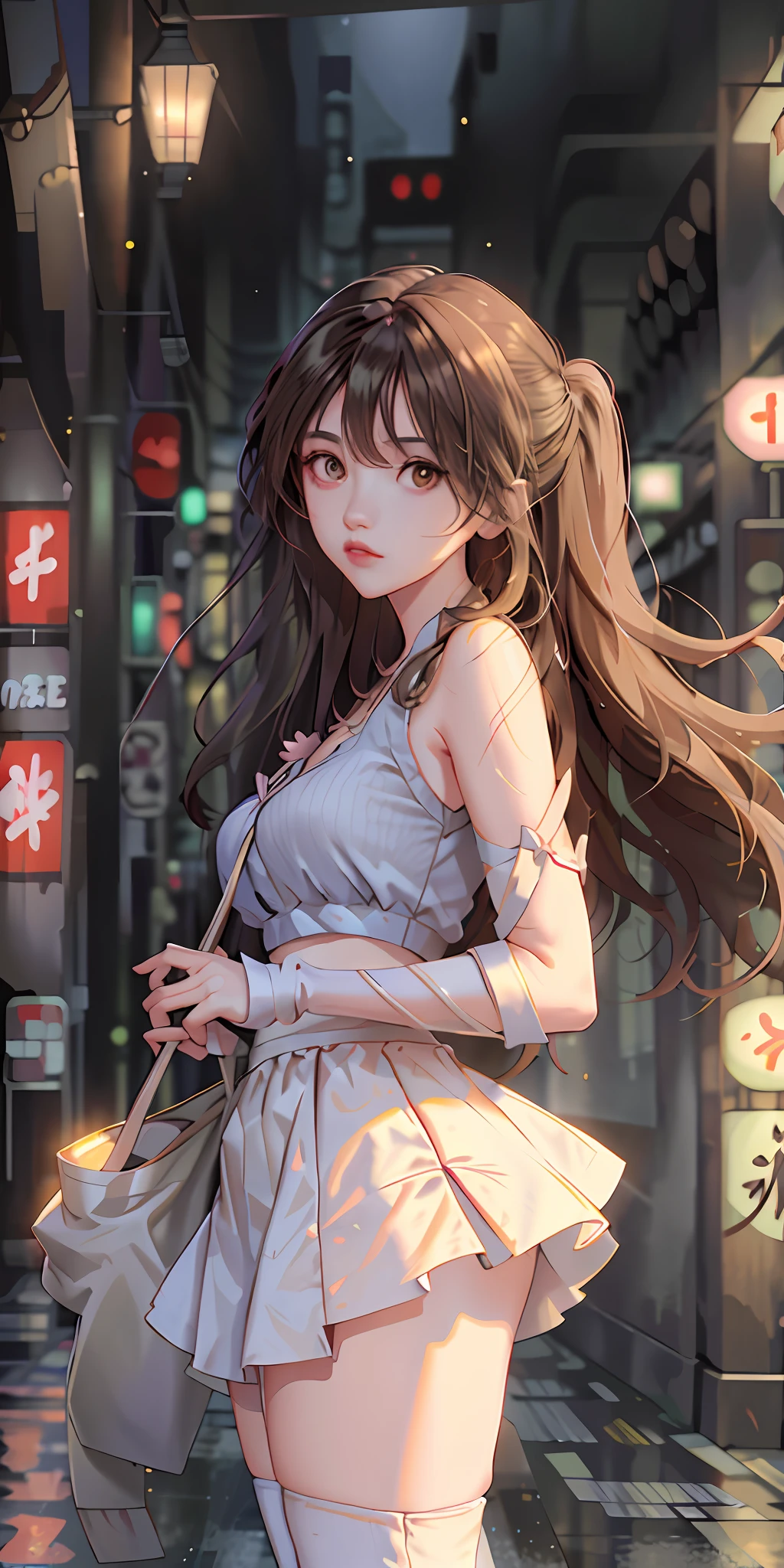 (Best quality, masterpiece: 1.3), 1 girl, rainy day, fog, alley, umbrella, looking at the audience, facing photos, cyberpunk city, alone in an alley, neon lights in an alley, very reflective city, long hair, hair of size through an alley, bar, japan, Tokyo, garter belt on one leg, knee pads on the other leg, perfect hands, delicate, night, shorts, tank top, exposed chest,