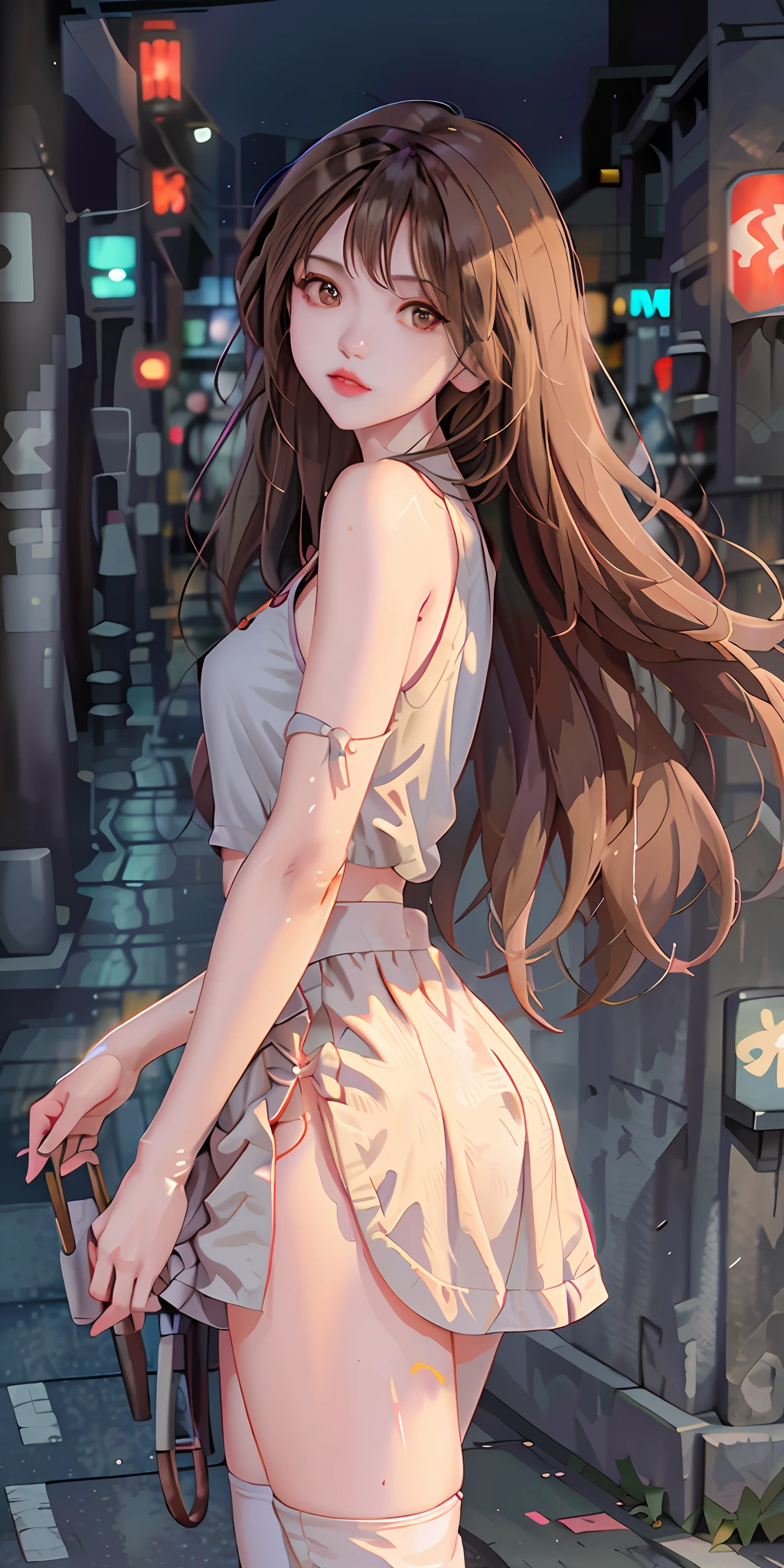 (Best quality, masterpiece: 1.3), 1 girl, rainy day, fog, alley, umbrella, looking at the audience, facing photos, cyberpunk city, alone in an alley, neon lights in an alley, very reflective city, long hair, hair of size through an alley, bar, japan, Tokyo, garter belt on one leg, knee pads on the other leg, perfect hands, delicate, night, shorts, tank top, exposed chest,