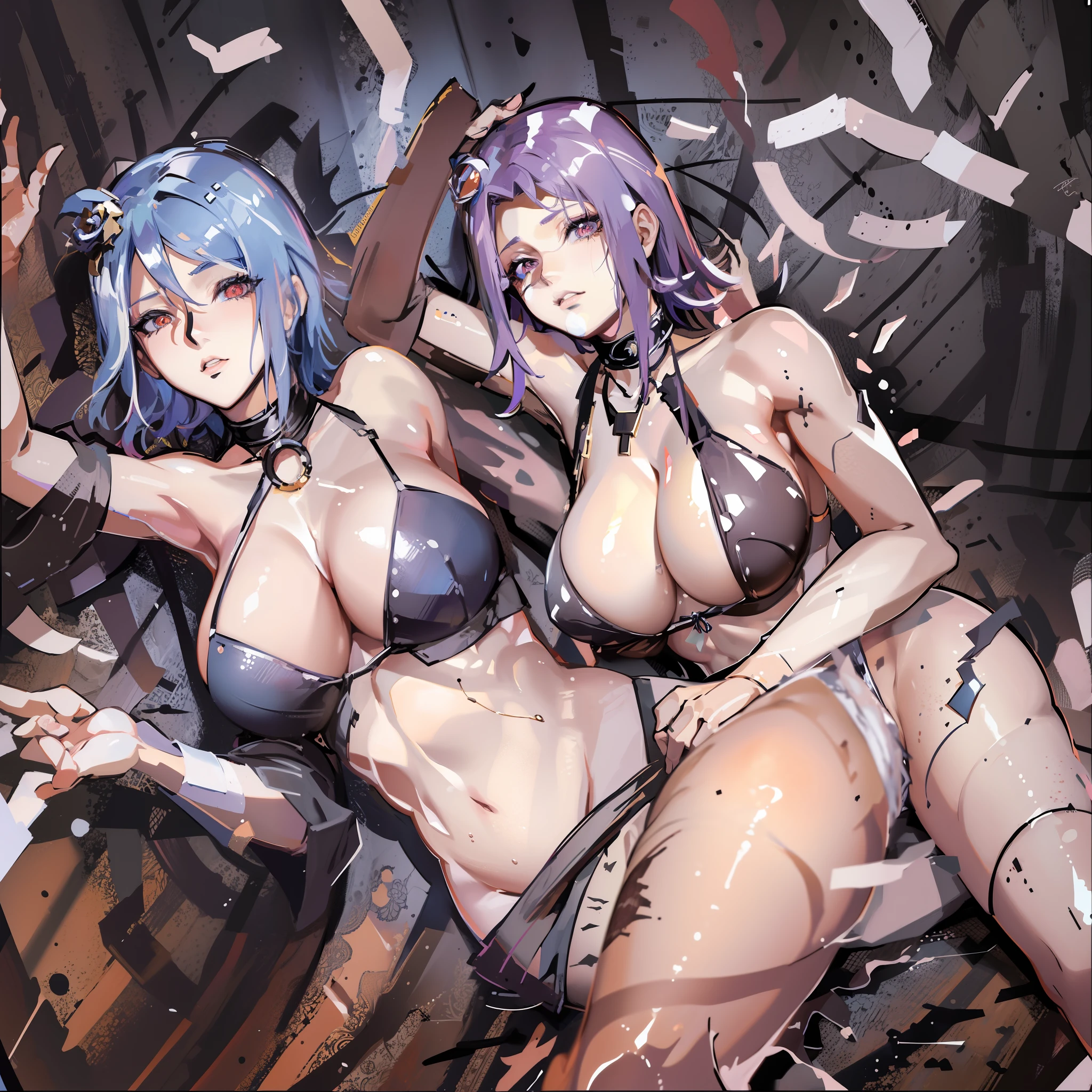 ((Best quality, 8k, Masterpiece :1.3)), dramatic lighting, Konan Naruto Akatsuki, beautiful woman, 1girl, huge breasts :1.3, (firm abs, slender figure :1.1), lusty, short purple hair, orange eye,(panties :1.1), ultra-detailed face, detailed lips, detailed eyes, double eyelid, hot couple, boyfriend, man friend, double pose, bed, boudoir