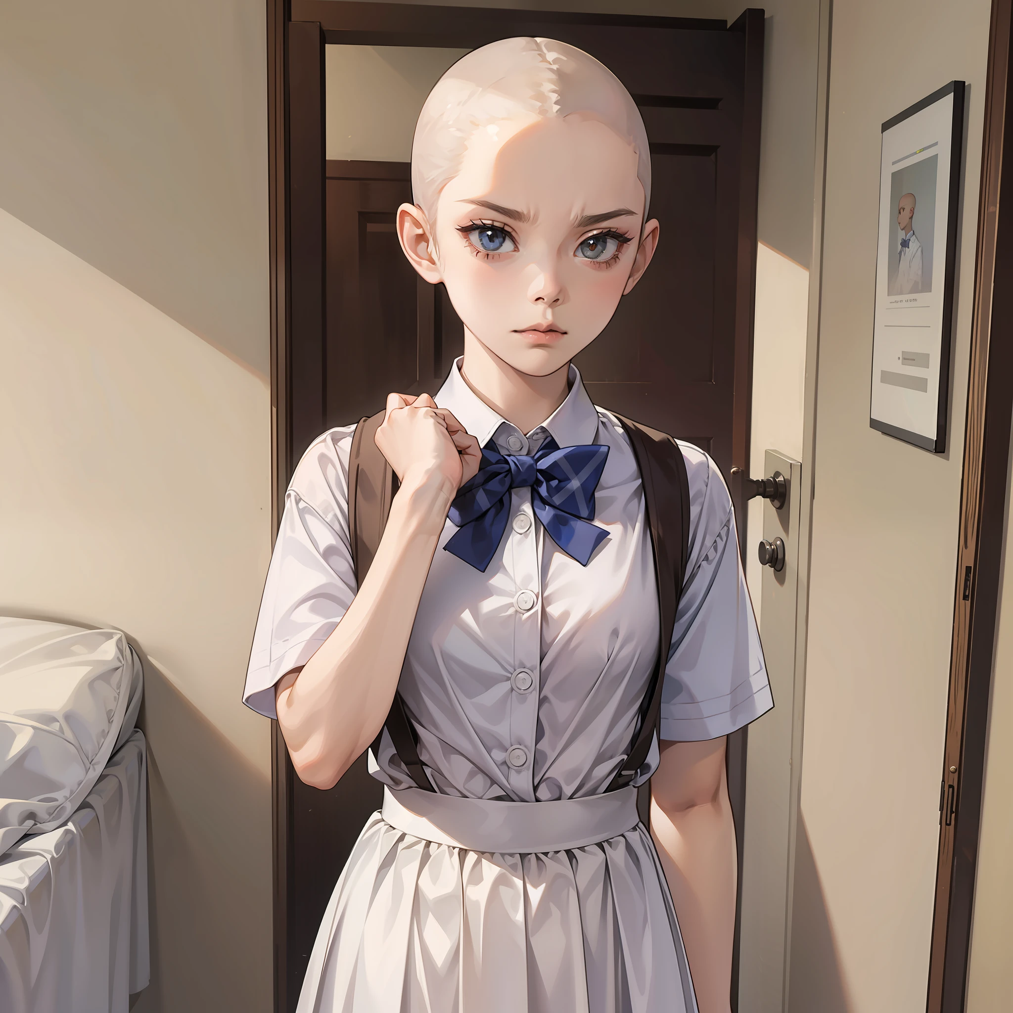 A girl, bald-headed, white school uniform with bow tie, glaring, angry, standing in the dormitory, getting in and out of bed