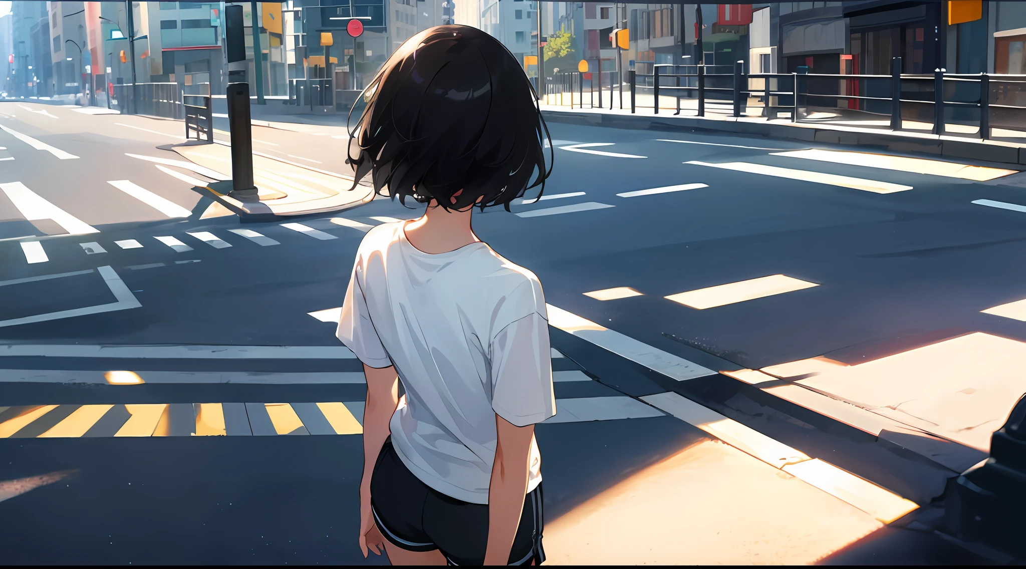 Medium view, medium shot, upper body, perspective, depth of field, back, back perspective, from behind, back angle, masterpiece, best quality, super detailed, CG, 8K wallpaper, beautiful face, delicate eyes, a girl, short black hair, short sleeves, shorts, sneakers, walking in city streets, leisure, daytime, city streets, spacious streets