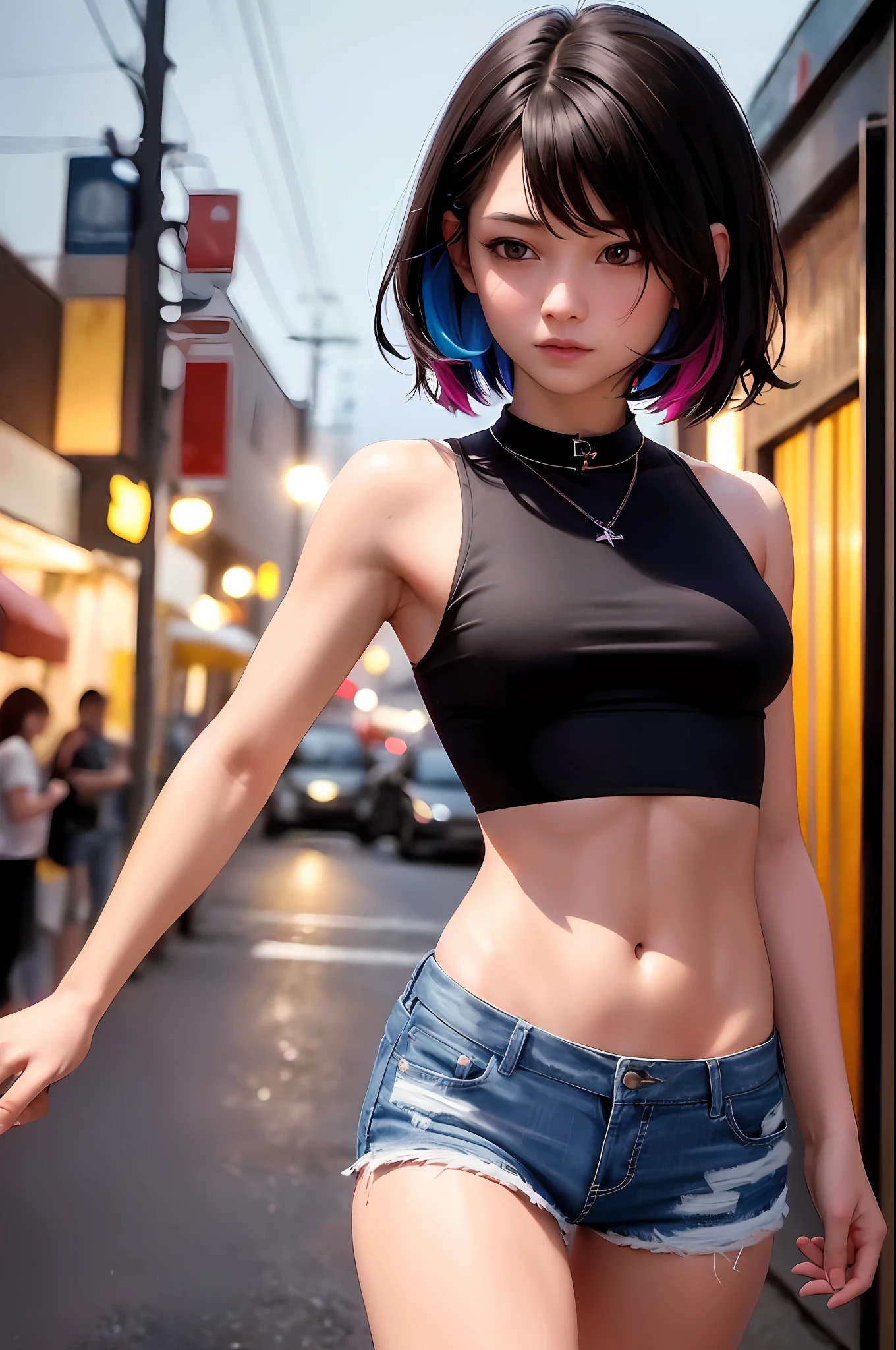 ((medium breast, tomboy girls, small head)),  (chiseled abs : 1.1), (perfect body : 1.1), (short wavy black hair : 1.2) , auburn hair, collar, chain, full body shot, crowded street, wearing black tanktop, jeans jacket, ((shorts)), (extremely detailed CG 8k wallpaper), (an extremely delicate and beautiful), (masterpiece), (best quality:1.0), (ultra highres:1.0),  beautiful lighting ,perfect lightning, realistic shadows, [highres], detailed skin, ultra-detailed (((colorful)))