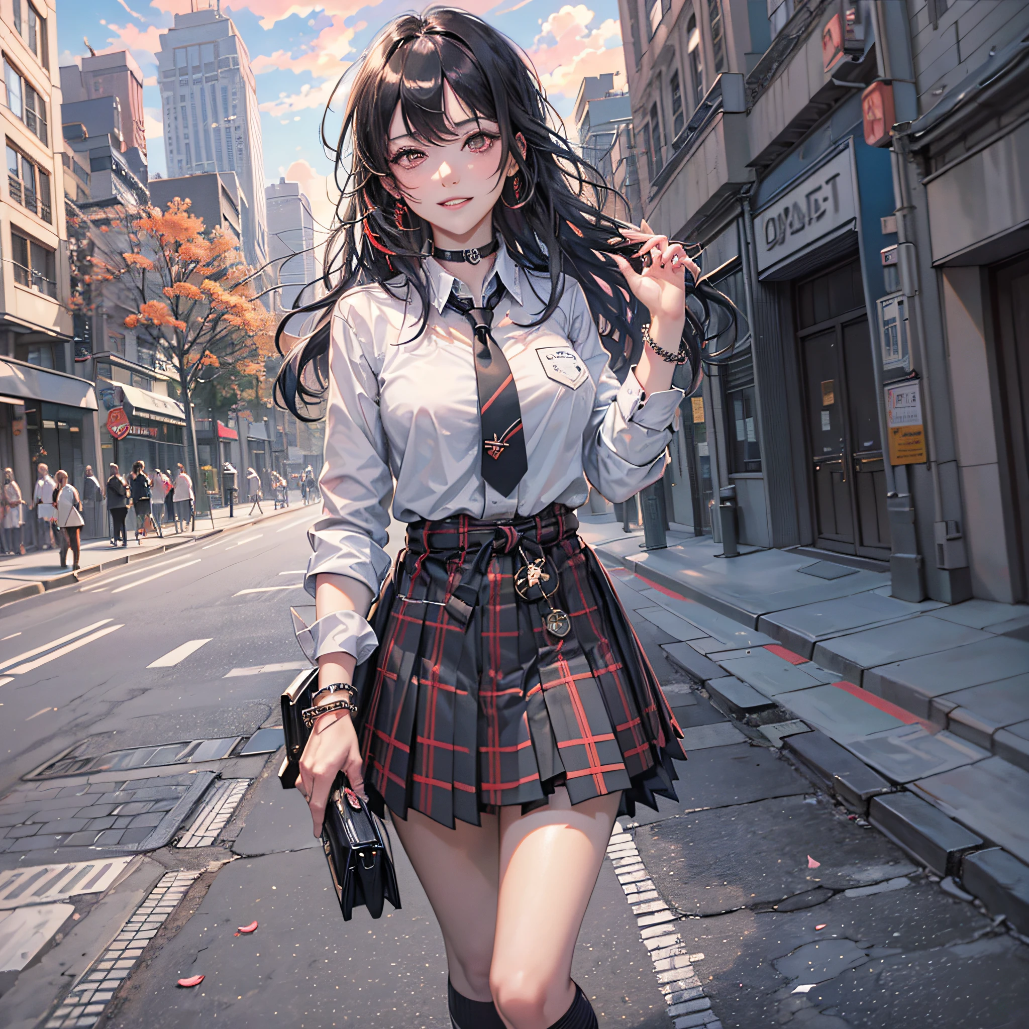masterpiece, best quality, full body, 1girl, bangs, black choker, black necktie, black hair, blue skirt, blush, bracelet, breasts, choker, clothes around waist, collarbone, collared shirt, cowboy shot, dress shirt, ear piercing, eyebrows visible through hair, gradient hair, grin, gyaru, jewelry, kogal, long hair, looking at viewer, loose necktie, necktie, piercing, plaid, plaid skirt, pleated skirt, red eyes, ring, school uniform, shirt, skirt, smile, solo, white shirt, street, sky, cherry blossoms, petals,illustration, (magazine:1.3), (cover-style:1.3), fashionable, woman, vibrant, outfit, posing, front, colorful, dynamic, background, elements, confident, expression, holding, statement, accessory, majestic, coiled, around, touch, scene, text, cover, bold, attention-grabbing, title, stylish, font, catchy, headline, larger, striking, modern, trendy, focus, fashion, --auto --s2