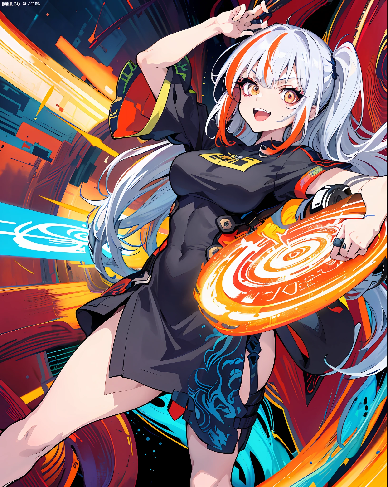 background, mixed-language_text, Japanese letters in graffit, 3girls, excellent lighting, sidelighting, (curvy: 1.2), vhsKeeper, in graffit, style GUILTY GEAR -STRIVE perfect(flat color: 1.3), (magazine_cover: 1.4), (multicolored_background: 1.3), striped_background, card_background, :: comix style by joe madureira ::large breasts, perfect and detailed, ultra detailed shirt with abstract design, with Japanese graffit letter print on the sides of the dress, image of full-body women fighting alongside you with powerful dragons versus alien creature full of tentacles, with immersive effects, hover effect, background graffiti style tribal tattoo with vibrant colors "ultra HDR" detailed and with focus effect, (masterpiece: 1.2, best quality),(Finely detailed eyes and detailed face with long eyelashes:1.3), in various full-body attack poses, (cute background: 1.2),futuristic costume, super detailed circular metals Clinging to the arms and pants, fantastic paintings