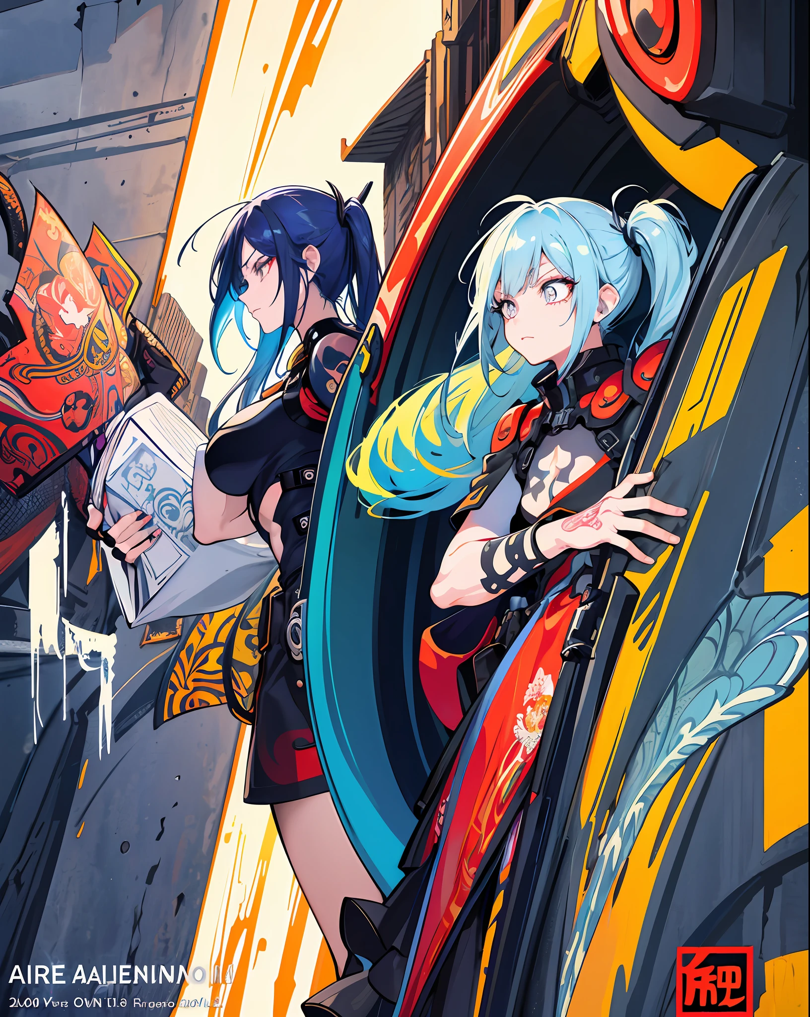 background, mixed-language_text, Japanese letters in graffit, 3girls, excellent lighting, sidelighting, (curvy: 1.2), vhsKeeper, in graffit, style GUILTY GEAR -STRIVE perfect(flat color: 1.3), (magazine_cover: 1.4), (multicolored_background: 1.3), striped_background, card_background, :: comix style by joe madureira ::large breasts, perfect and detailed, ultra detailed shirt with abstract design, with Japanese graffit letter print on the sides of the dress, image of full-body women fighting alongside you with powerful dragons versus alien creature full of tentacles, with immersive effects, hover effect, background graffiti style tribal tattoo with vibrant colors "ultra HDR" detailed and with focus effect, (masterpiece: 1.2, best quality),(Finely detailed eyes and detailed face with long eyelashes:1.3), in various full-body attack poses, (cute background: 1.2),futuristic costume, super detailed circular metals Clinging to the arms and pants, fantastic paintings