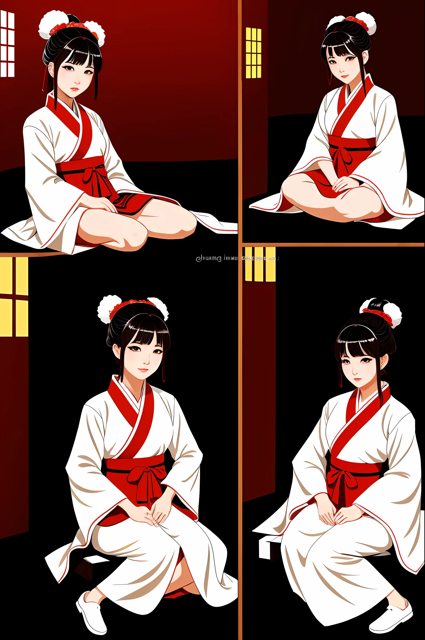 A Korean girl, in period costume, Hanfu, winter robes, bun heads, sitting in a temple and posing in various poses. Comic style. Cartoon style.
