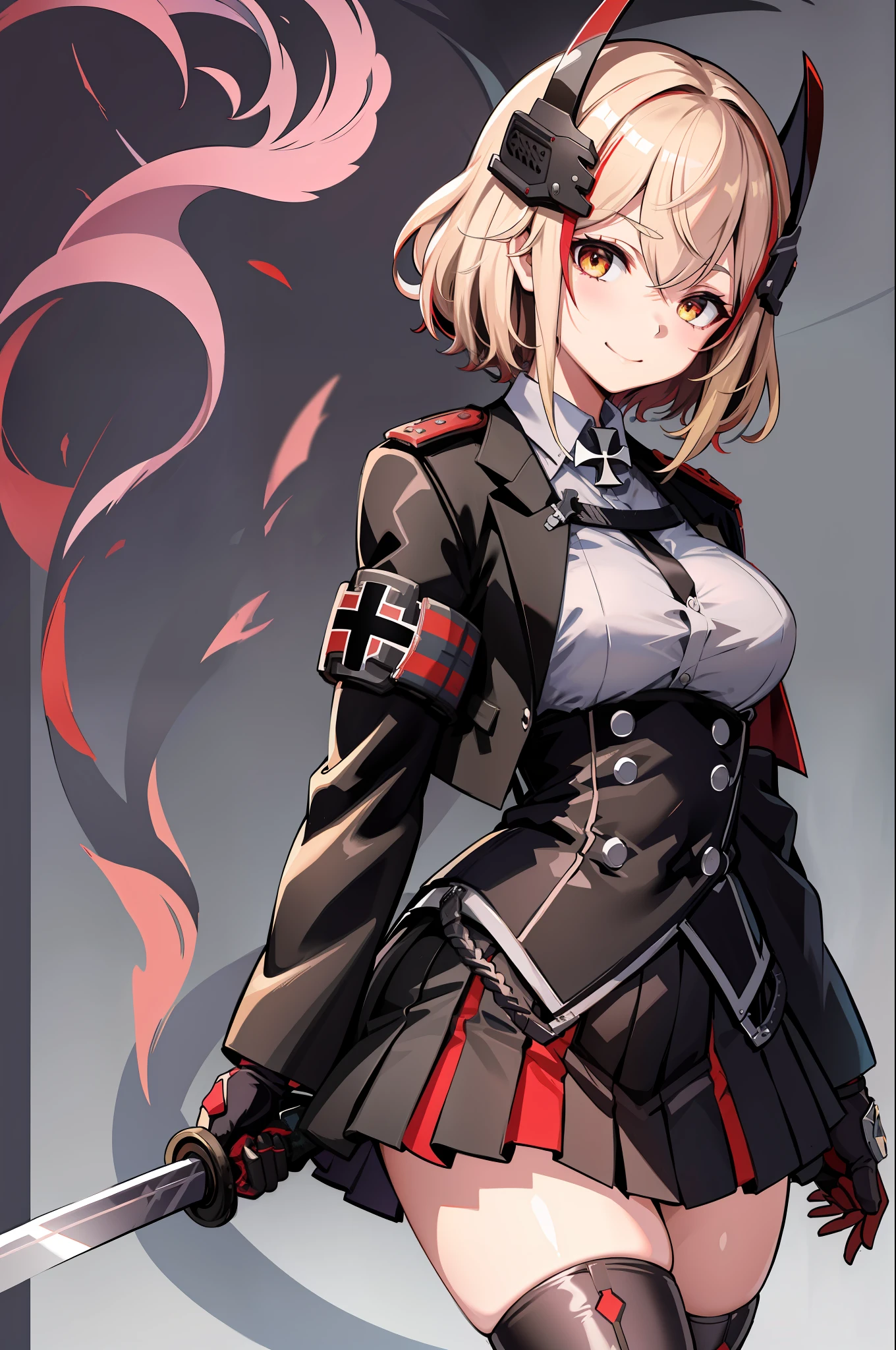 masterpiece, best quality, RoonV4, 1girl, solo, looking at viewer, smile, skirt, shirt, gloves, long sleeves, closed mouth, standing, jacket, upperbody, sidelocks, pleated skirt, boots, black gloves, collared shirt, miniskirt, black skirt, black footwear, black jacket, buttons, headgear, knee boots, cross, armband, grey shirt, cropped jacket, iron cross,katana,katana in hand,Japanese katana,long blade katana,katana held with right hand,katana long blade 60cm,katana in the hand,with high katana with one blade,hand with high quality,just a katana,only one blade,