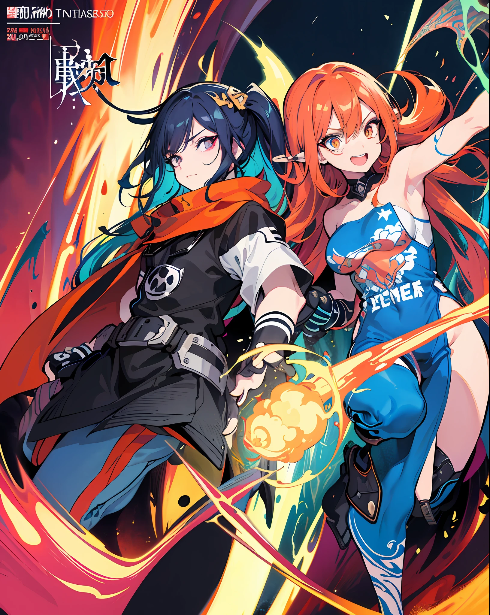 background, mixed-language_text, Japanese letters in graffit, 3girls, excellent lighting, sidelighting, (curvy: 1.2), vhsKeeper, in graffit, style GUILTY GEAR -STRIVE perfect(flat color: 1.3), (magazine_cover: 1.4), (multicolored_background: 1.3), striped_background, card_background, :: comix style by joe madureira ::large , perfect and detailed, ultra detailed shirt with abstract design, with Japanese graffit letter print on the sides of the dress, image of full-body women fighting alongside you with powerful dragons versus alien creature full of tentacles, with immersive effects, hover effect, background graffiti style tribal tattoo with vibrant colors "ultra HDR" detailed and with focus effect, (masterpiece: 1.2, best quality),(Finely detailed eyes and detailed face with long eyelashes:1.3), in various full-body attack poses, (cute background: 1.2),futuristic costume, super detailed circular metals Clinging to the arms and pants, fantastic paintings