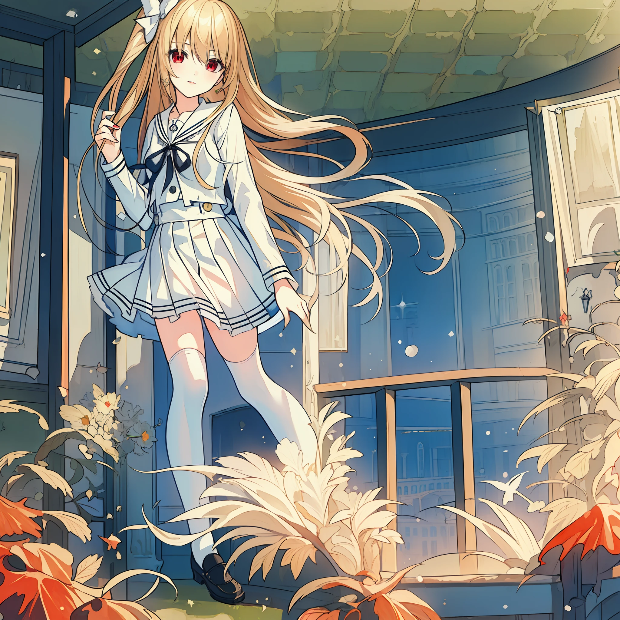 18 year old beautiful girl, ((((Masterpiece)))), ((highest quality)))), ((very detailed))), detailed fingers, precise fingers, not unnatural hands, illustration, 1 girl, solo, blonde right side pony, blonde long hair, white ribbon on right hair, white school uniform, red eyes, white mini skirt, white knee socks, black shoes, dynamic pose, MAYURI