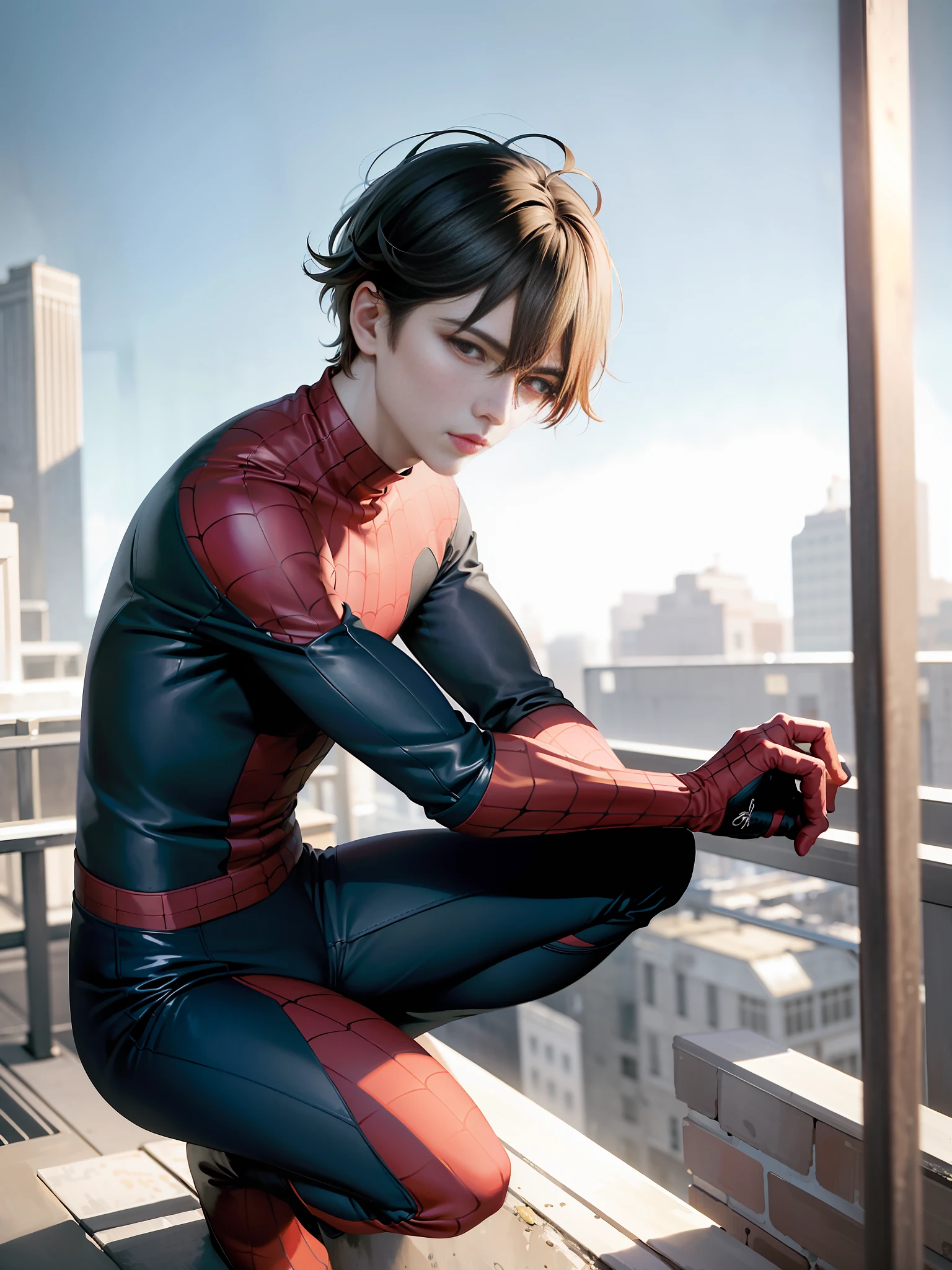 (masterpiece, best quality: 1.2), solo, male approach, 1boy, expressionless, staring at the viewer, squatting, Chinese short hair, (striped hair: 1.1), red eyes, black spider suit with red, spider web print, cobweb, rooftop.