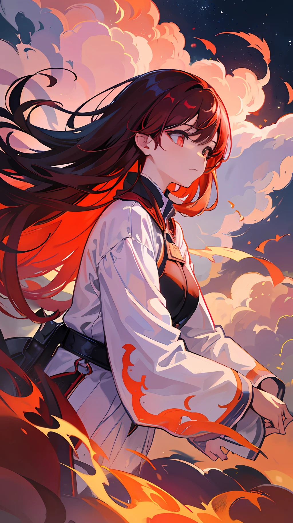 The girl's eyes were full of yearning and longing, and she always imagined that she could fly to the clouds and see the sky shrouded in fiery red clouds. She believes that there must be the beauty she yearns for, the dreams and fantasies of her childhood. Whenever she saw that fiery red cloud, an indescribable emotion always surged in her heart, as if she could no longer suppress her desire. She wanted to fly above that fiery red cloud, get close to the cloud, and feel the beauty and mystery there. Despite the distance from herself, the girl's heart is still full of faith and courage. She believes that she can realize her dream, that she can reach the cloud covered in fiery red clouds, and see the beauty and world she longs for. (8K resolution, craving, super detailed)
