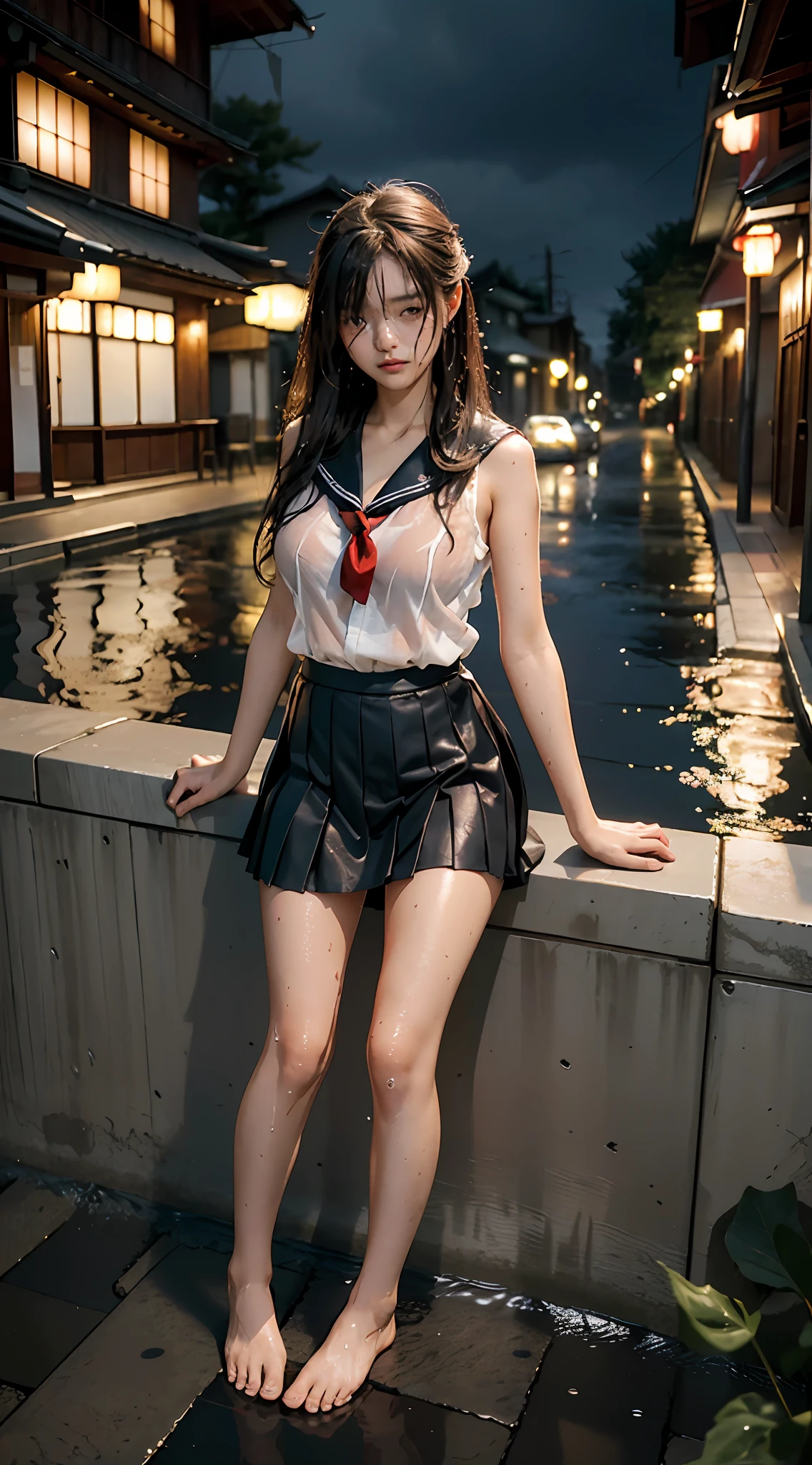 best image quality, masterpiece, ultra high definition, (fidelity: 1.4), photo, young girl at 18 years old, Japan beautiful girl, country girl, high school girl, sailor suit, pleated skirt, mini skirt, hydrangea blooming, old-fashioned Japan cityscape, classic countryside view, long legs, beautiful legs, barefoot, night, dark, darkness, despair,, poor, movie, tears, tears, (torn clothes: 1.5), (wet clothes: 1.4), bare shoulders , Real rain, wet hair, no bra, big, big breasts, really big breasts, powerful breasts, raining, raining, less light